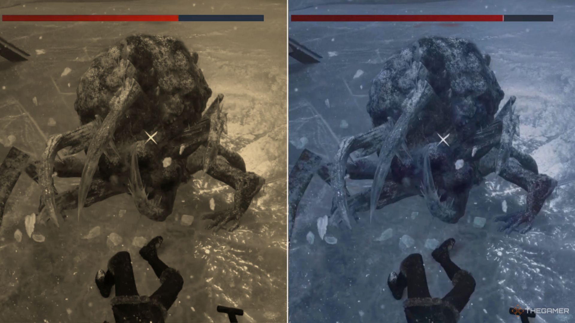 The difference in damage taken after the patch in Lies Of P Overture.