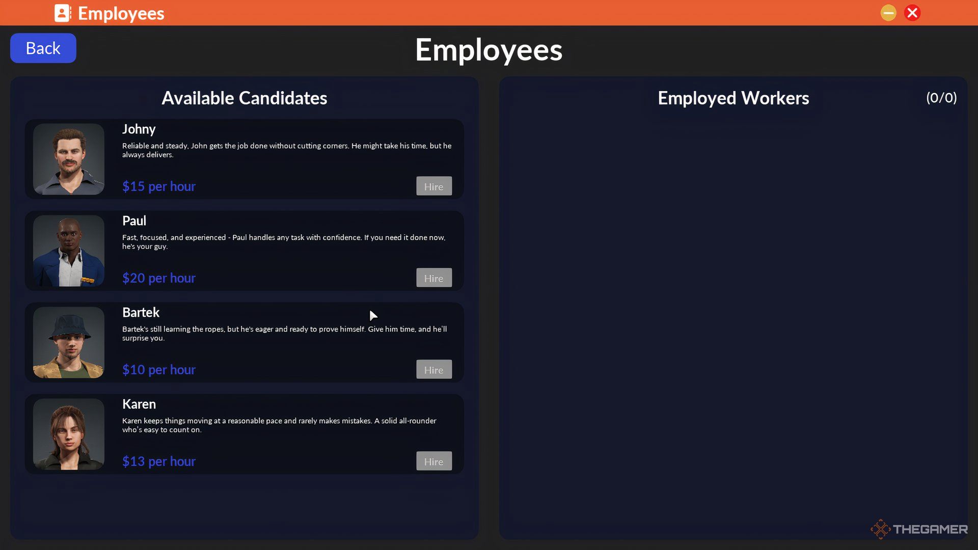 The Employee hiring menu is shown in Car Dealer Simulator