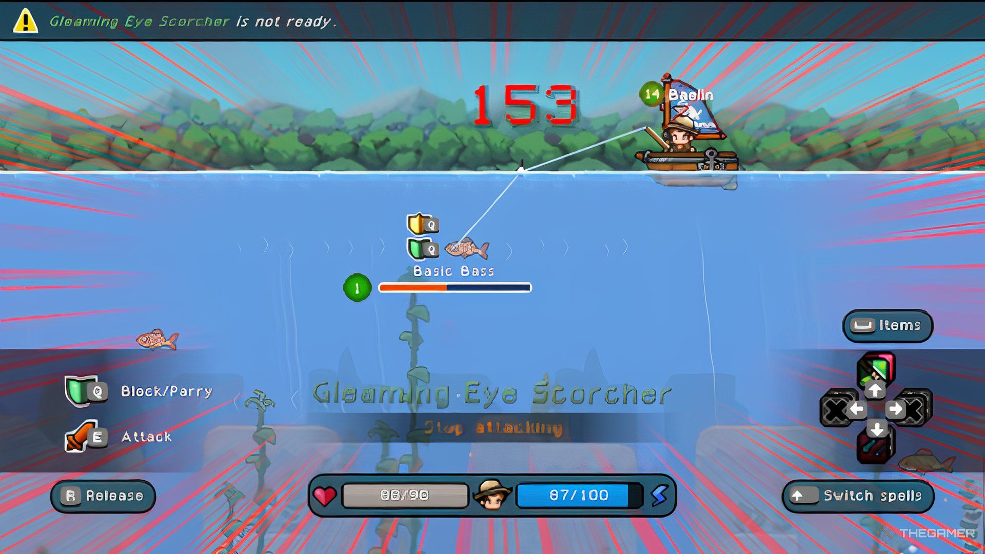 The player has used an attack spell to quickly damage a fish in Nice Day For Fishing.