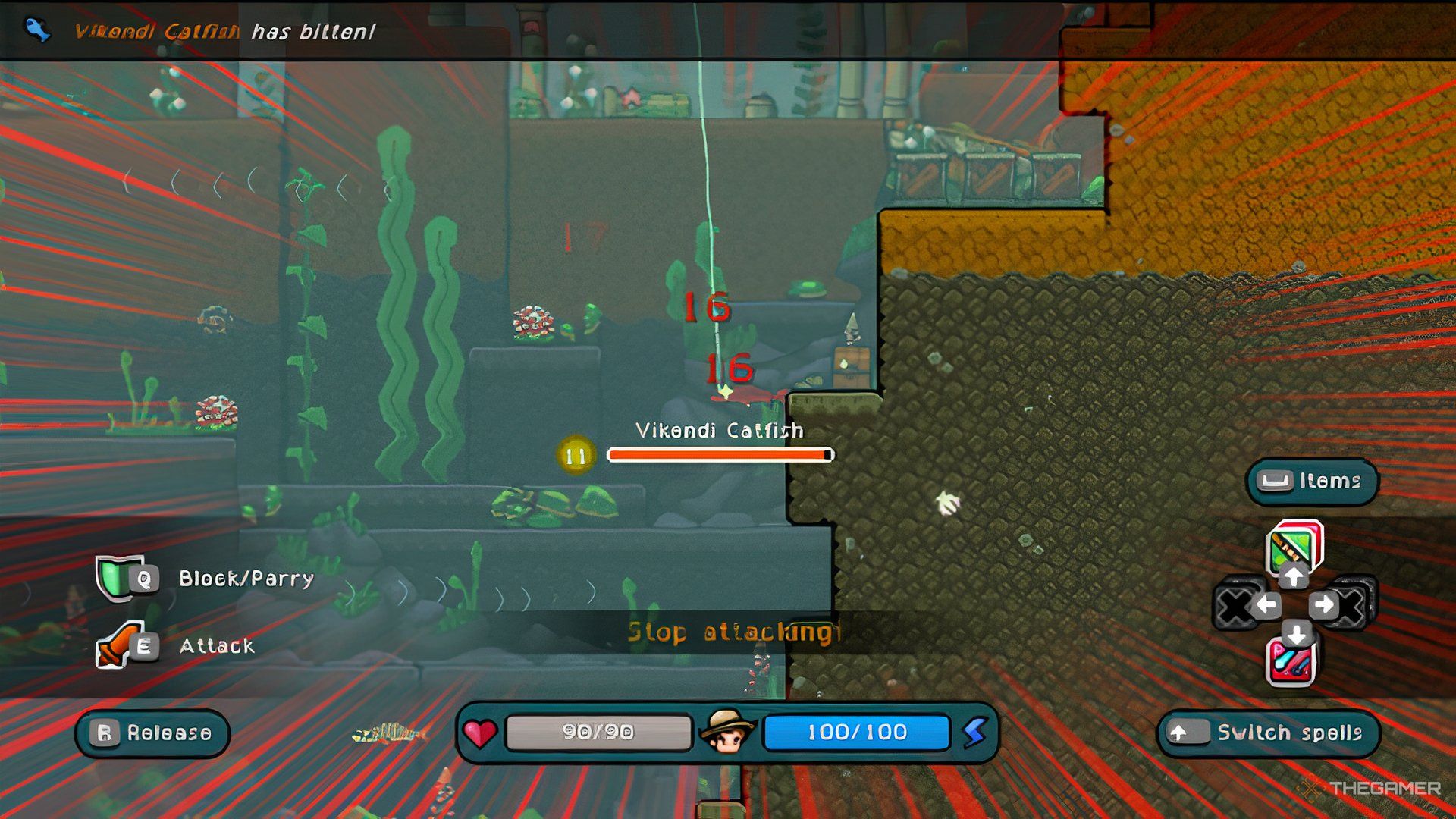 The player is attacking a fish in Nice Day for Fishing.