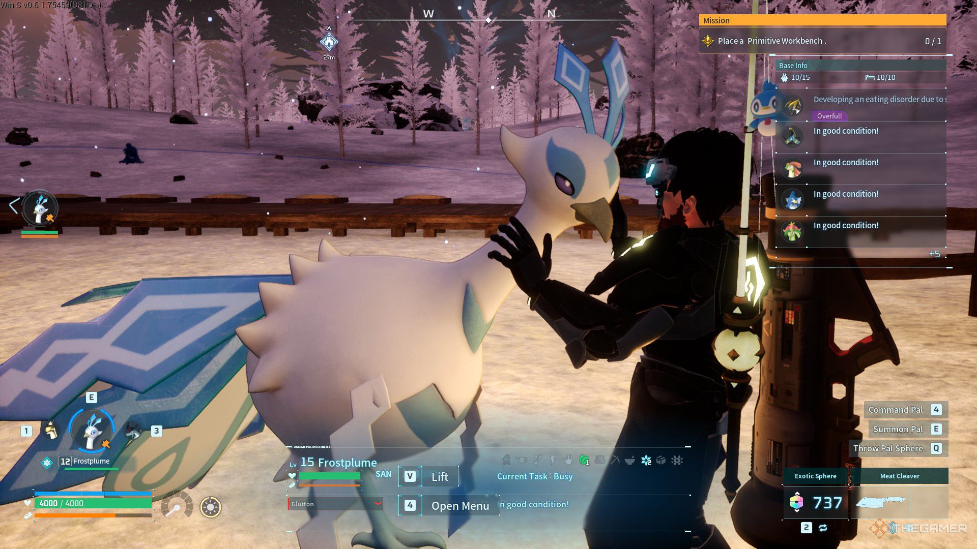 The player is petting a Frostplume in Palworld.