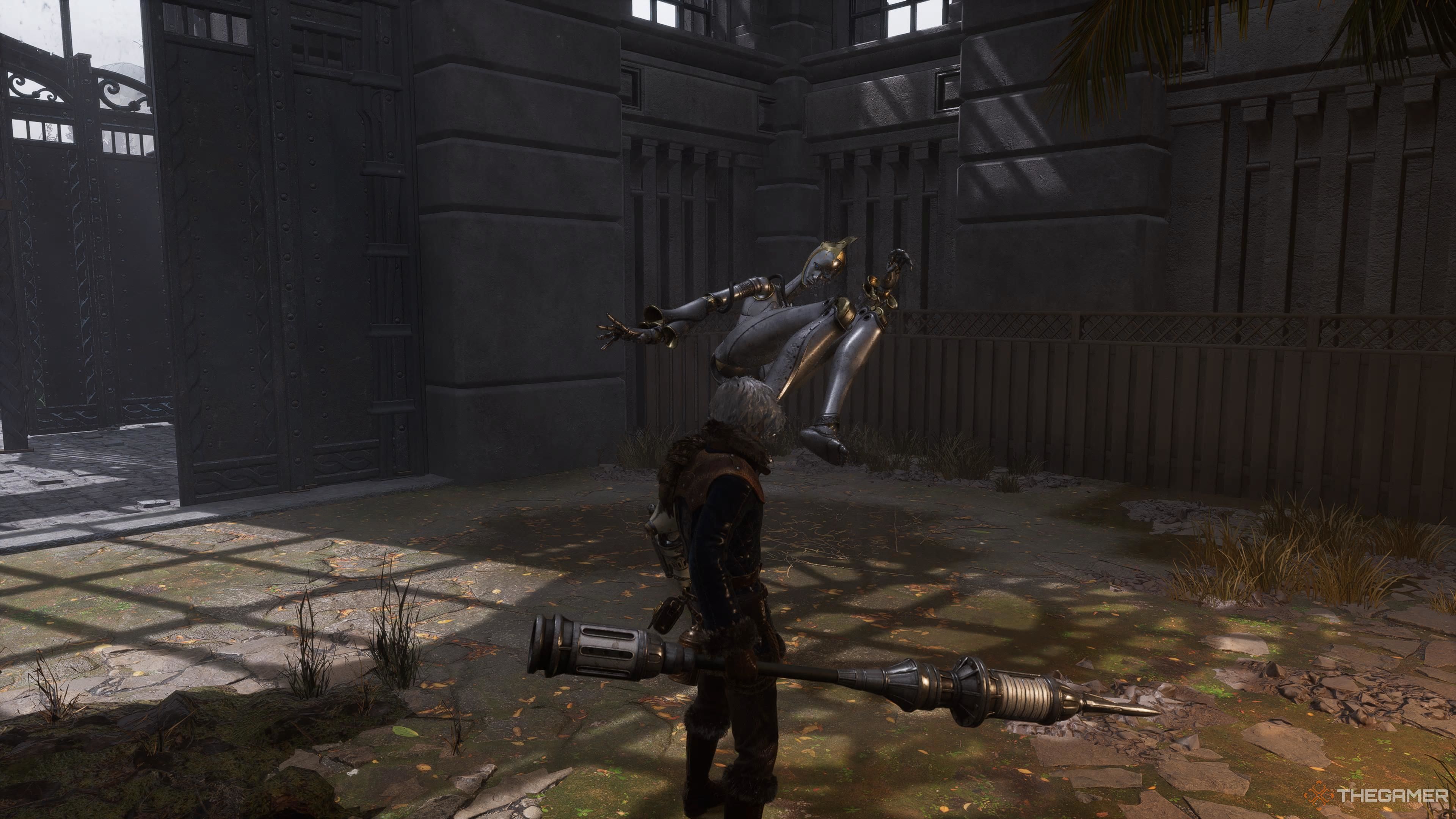 The robot performing a flying kick in Lies Of P Overture.