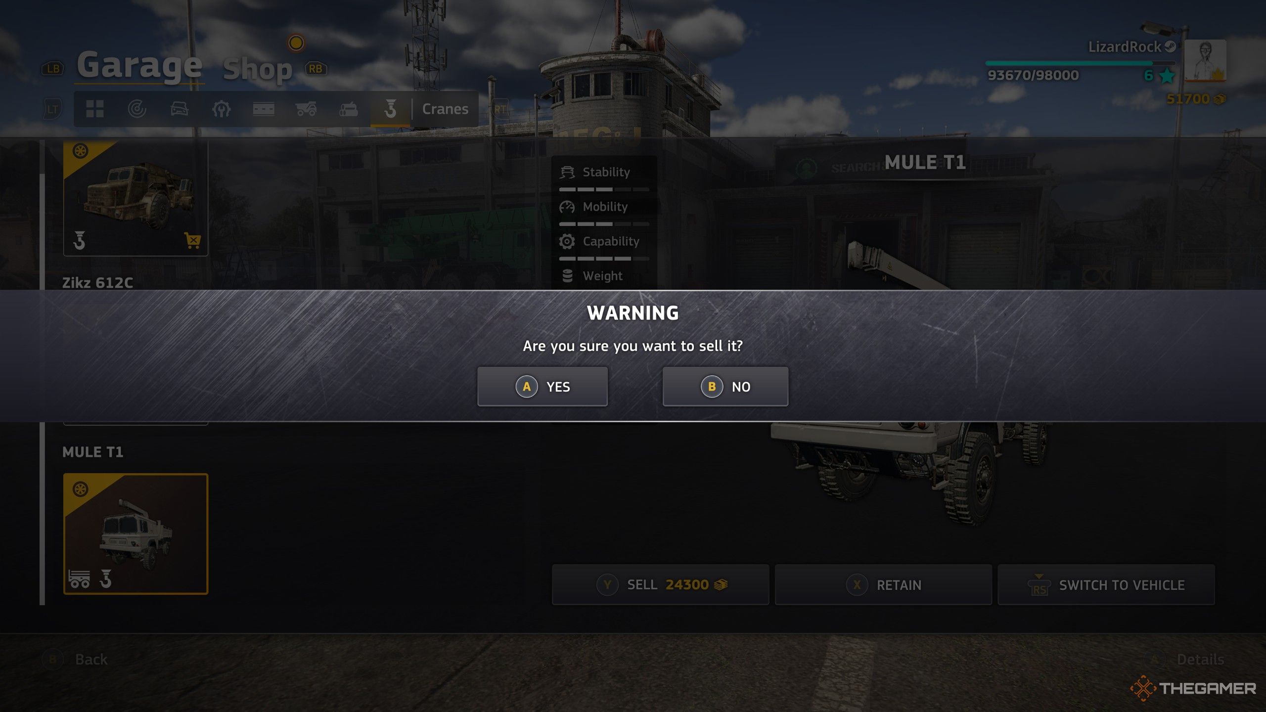The selling vehicle warning pop up in RoadCraft