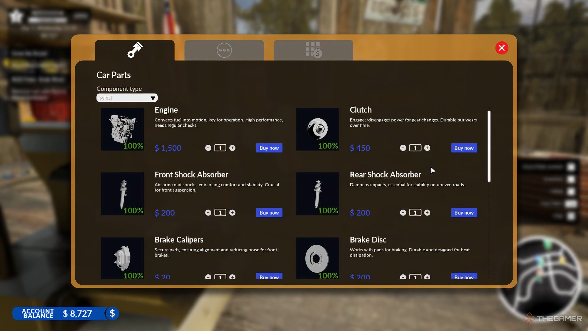 The Shop menu with replacement parts is shown in Car Dealer Simulator