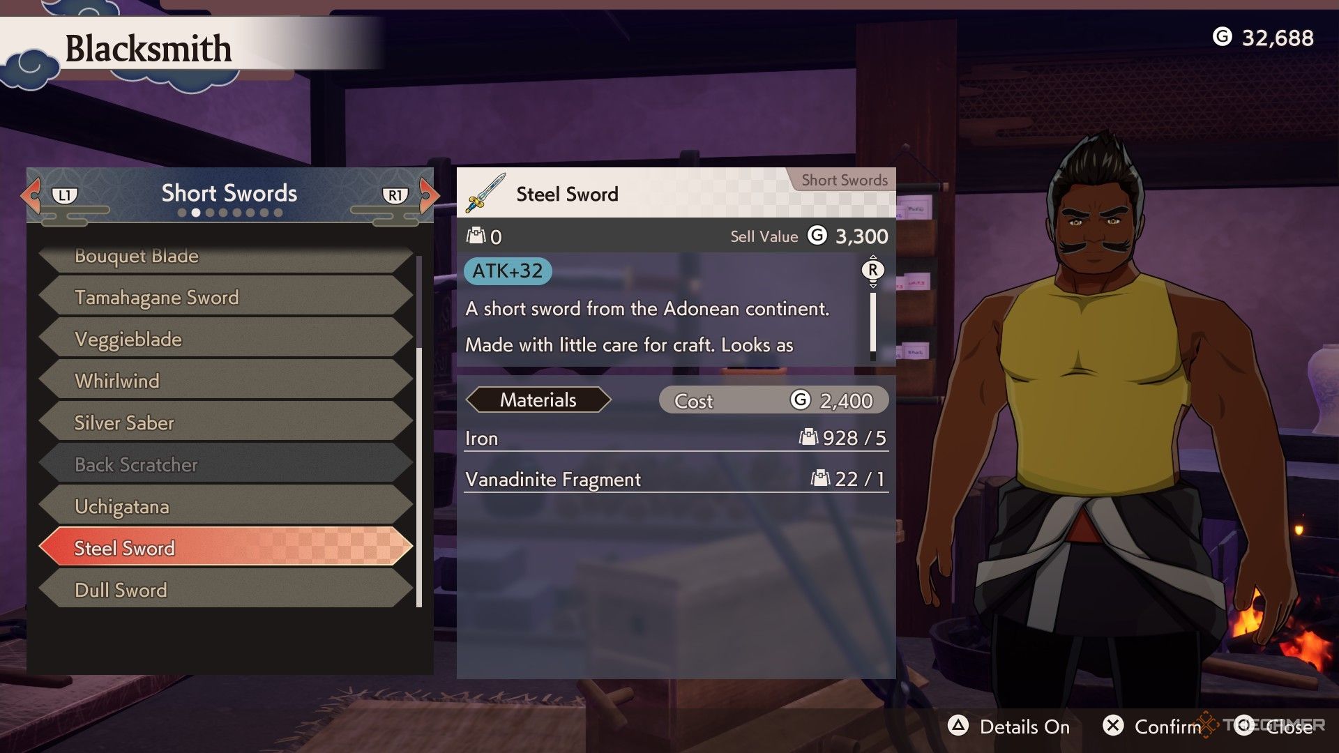 The Steel Sword recipe at a blacksmith in Rune Factory Guardians of Azuma.