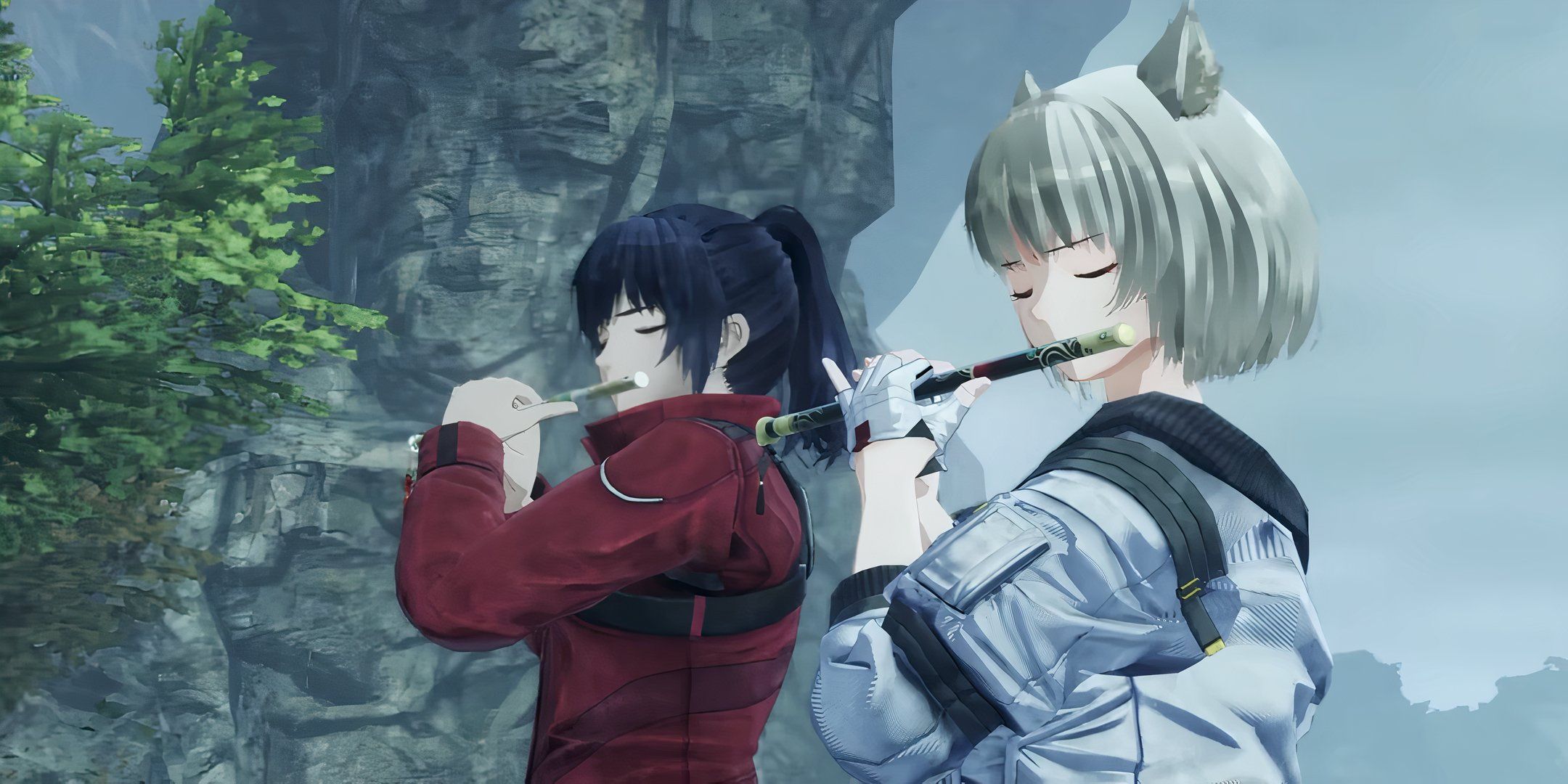 two characters playing flute-like instruments in xenoblade chronicles 3.