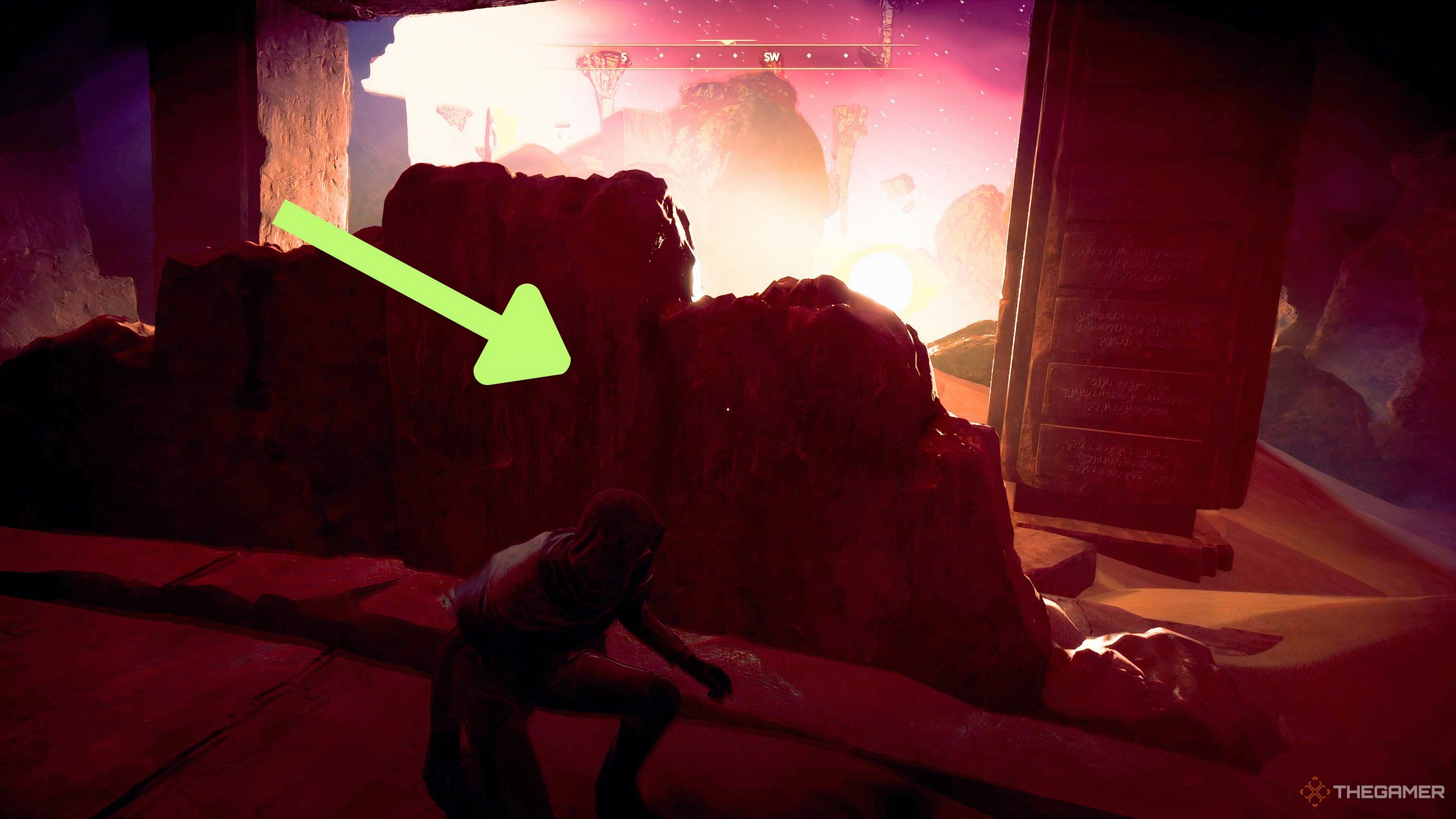 A player character hides behind a large outcropping of rock in the first Trial of Aqb in Dune: Awakening.