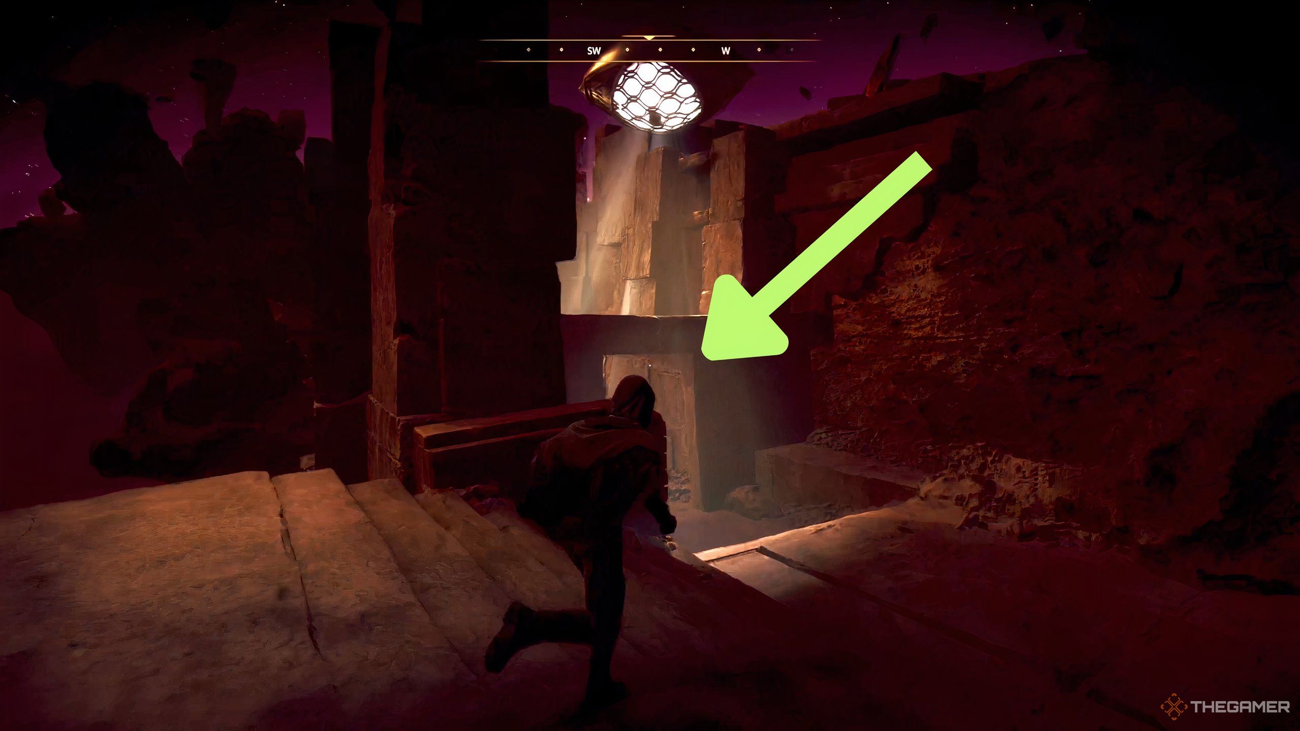 A green arrow pointing to a collapsed bridge in the first Trial of Aqb in Dune: Awakening.