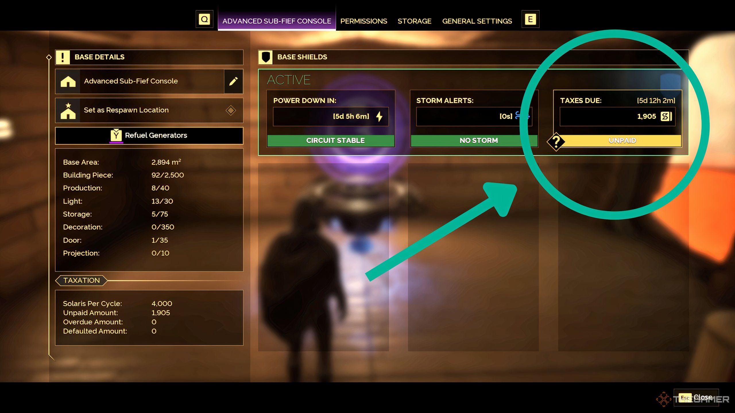 The UI on a player's sub-fief console showing how much money they owe in taxes in Dune: Awakening.