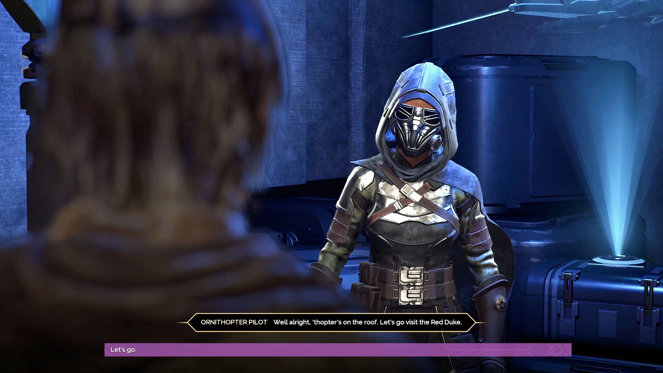 An ornithoper pilot in a settlement in Dune: Awakening.