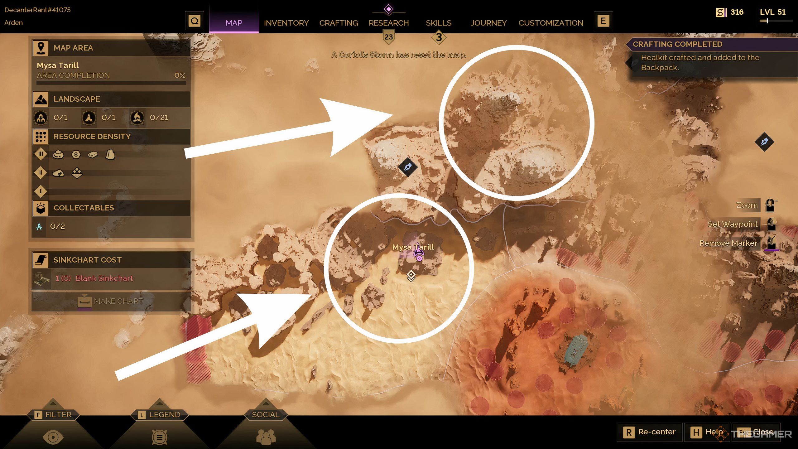 Карта Арракиса в Dune: Awakening с двумя белыми кругами, указывающими на расположение базальтового камня в левой части карты.