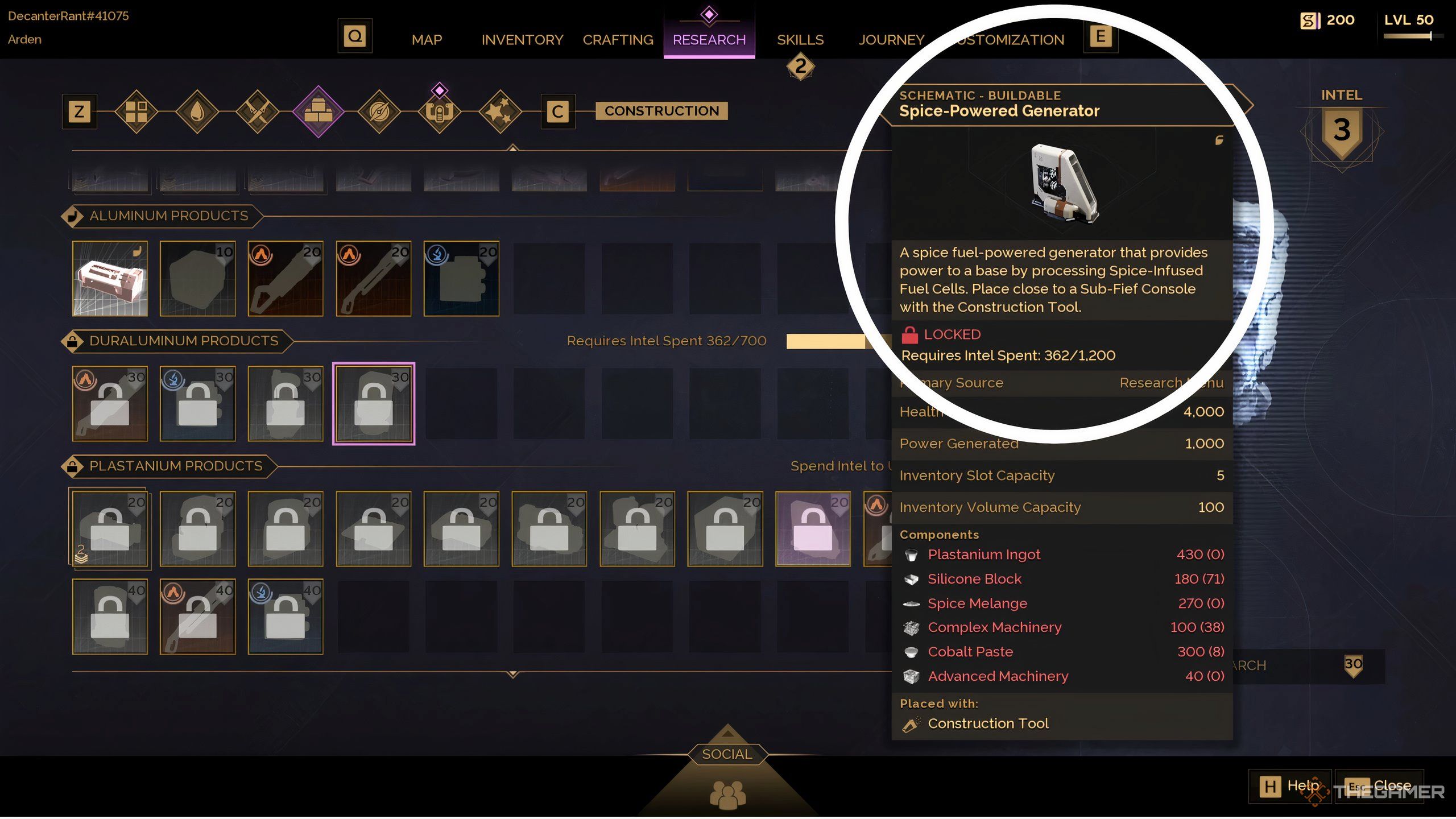 The research screen in Dune: Awakening showing the Spice-Infused Generator. 