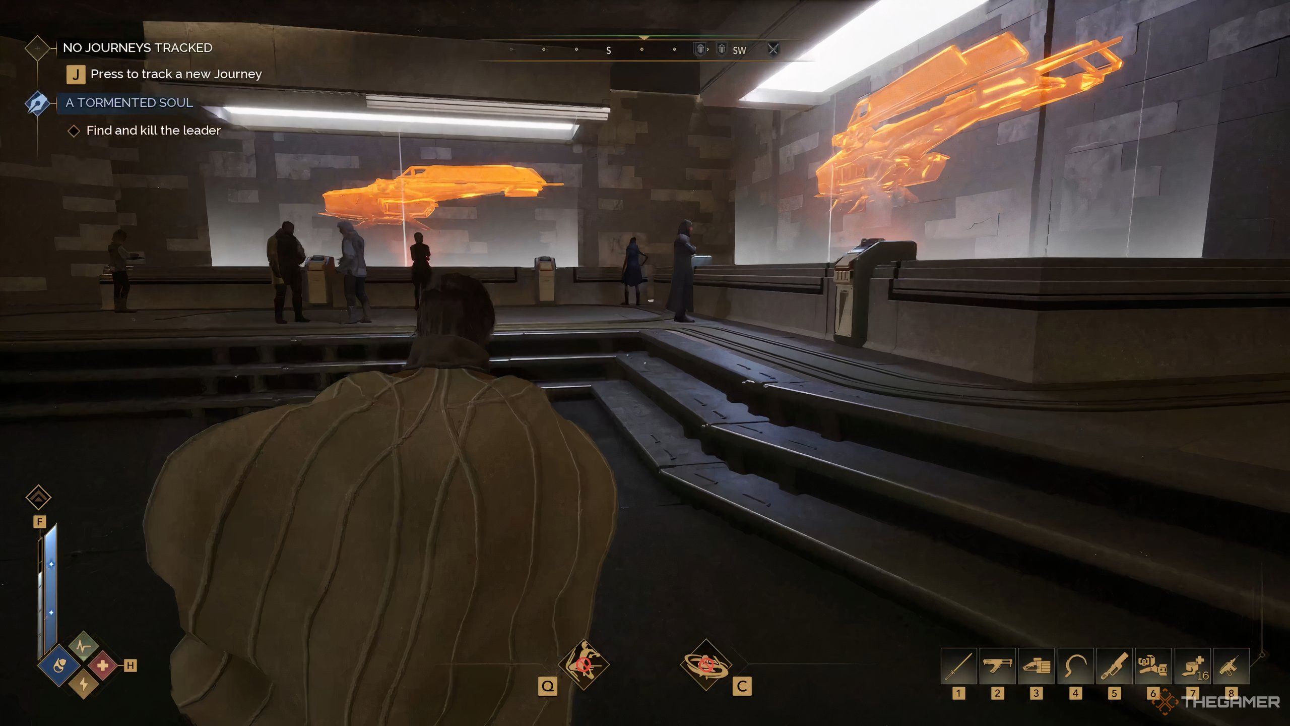 A player character approaches virtual terminals in the CHOAM Exchange in Arrakeen in Dune: Awakening.