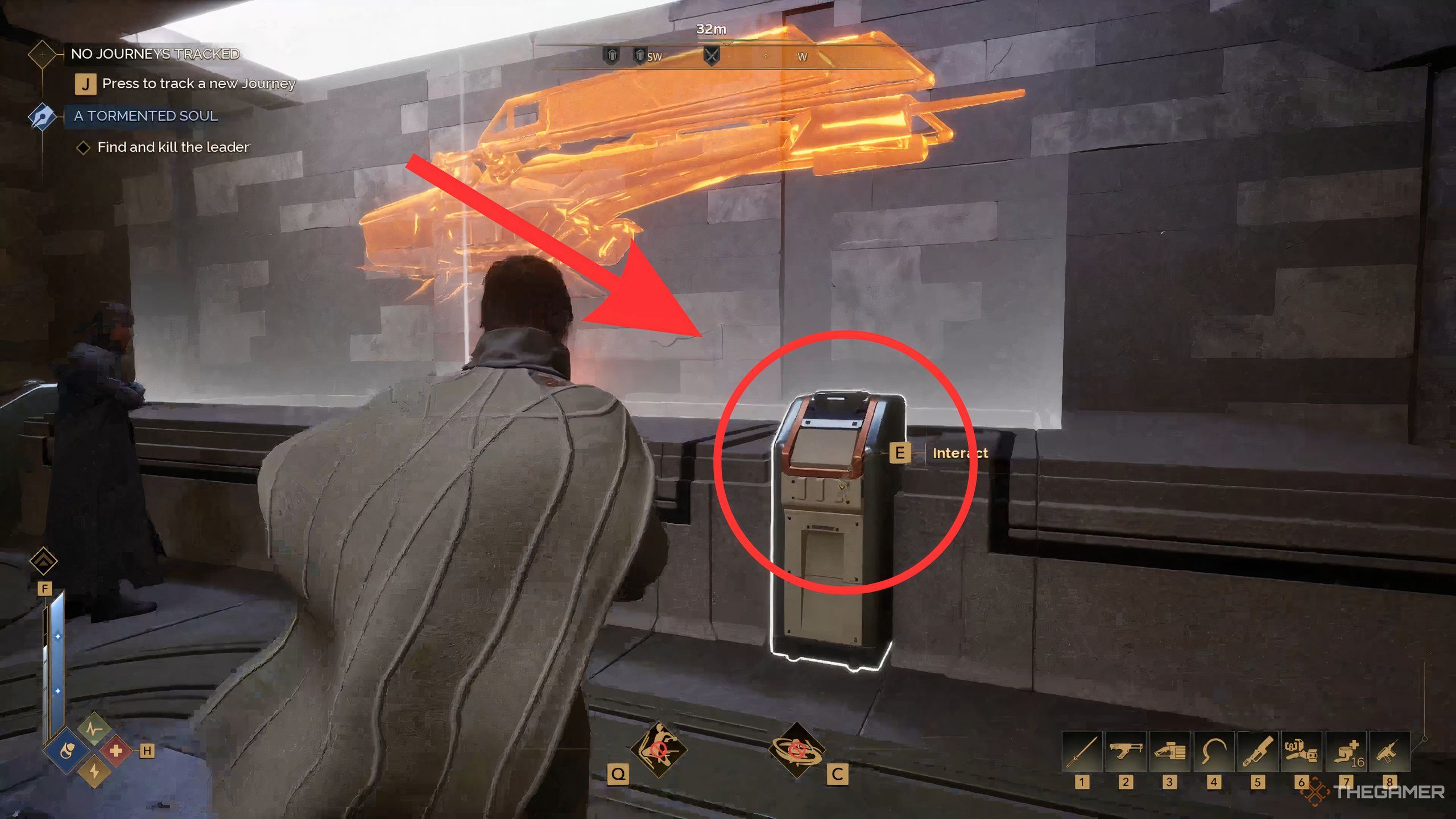 A red circle and arrow indicating an Exchange terminal in Dune: Awakening.