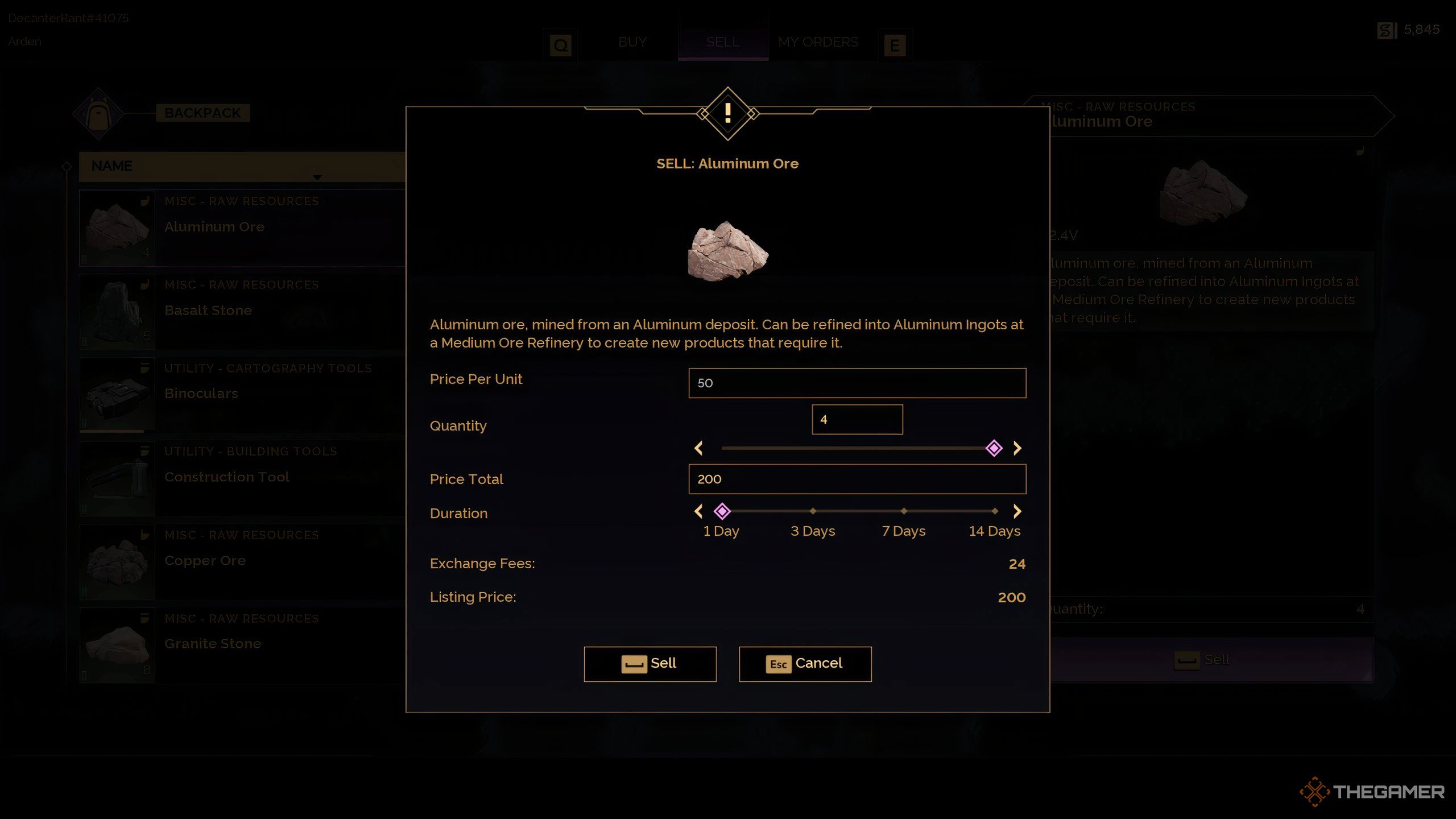 The UI for selling Aluminum Ore on the Exchange in Dune: Awakening. 