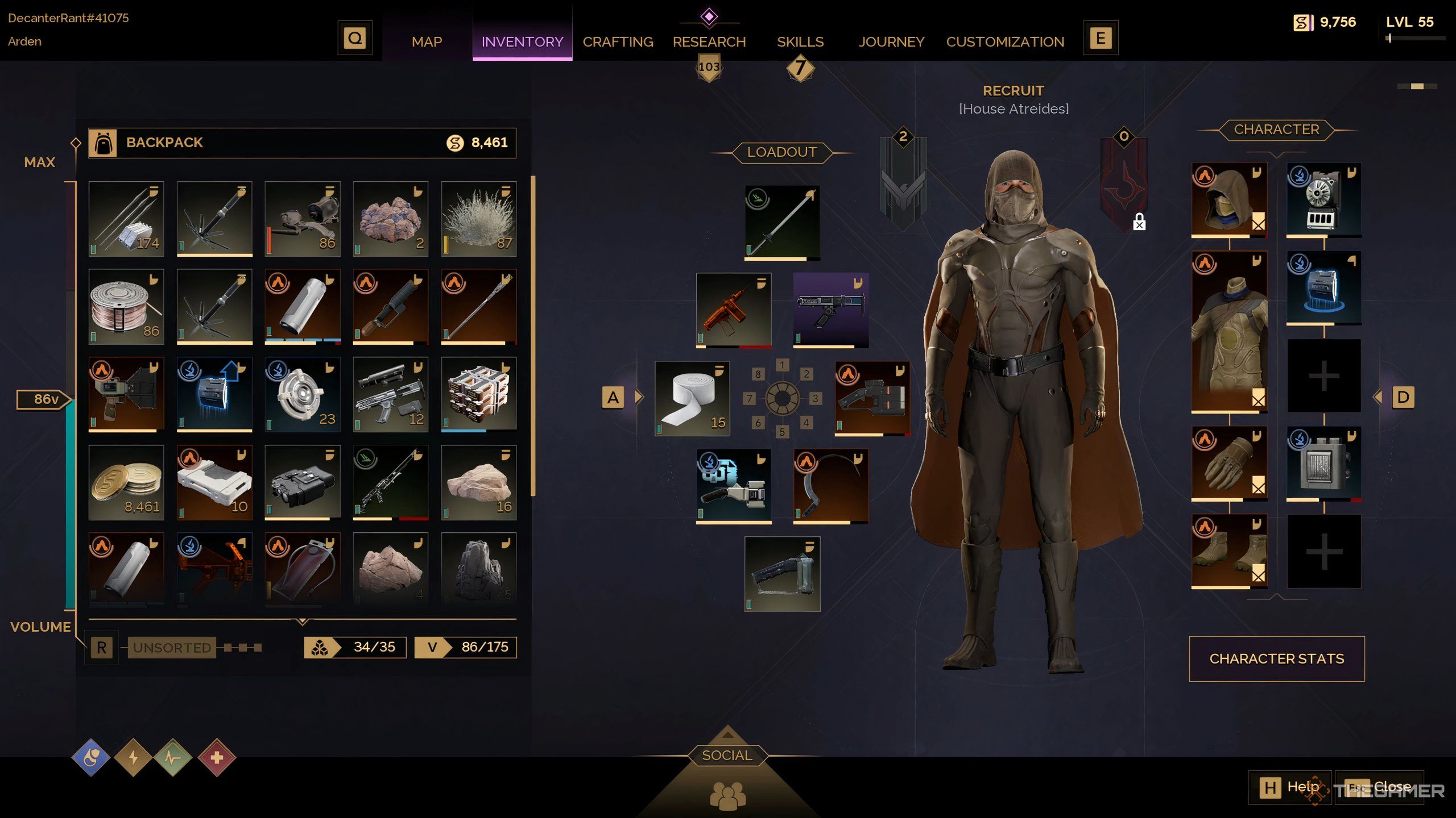 The inventory UI screen in Dune: Awakening. 