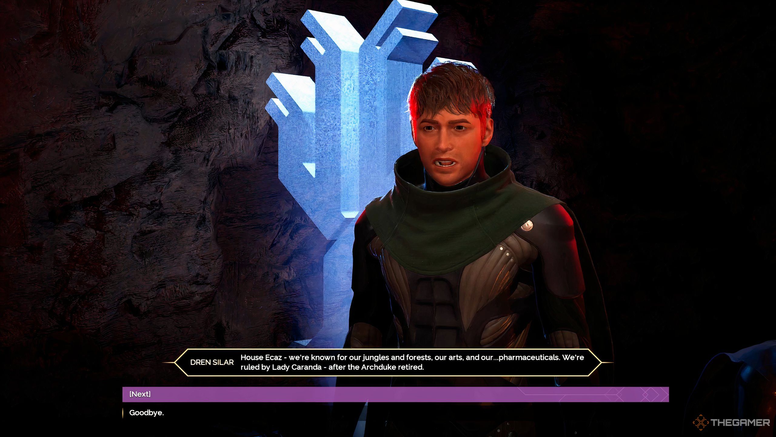 Dren Silar, the house representative for House Ecaz standing in front of his house sigil in Dune: Awakening.