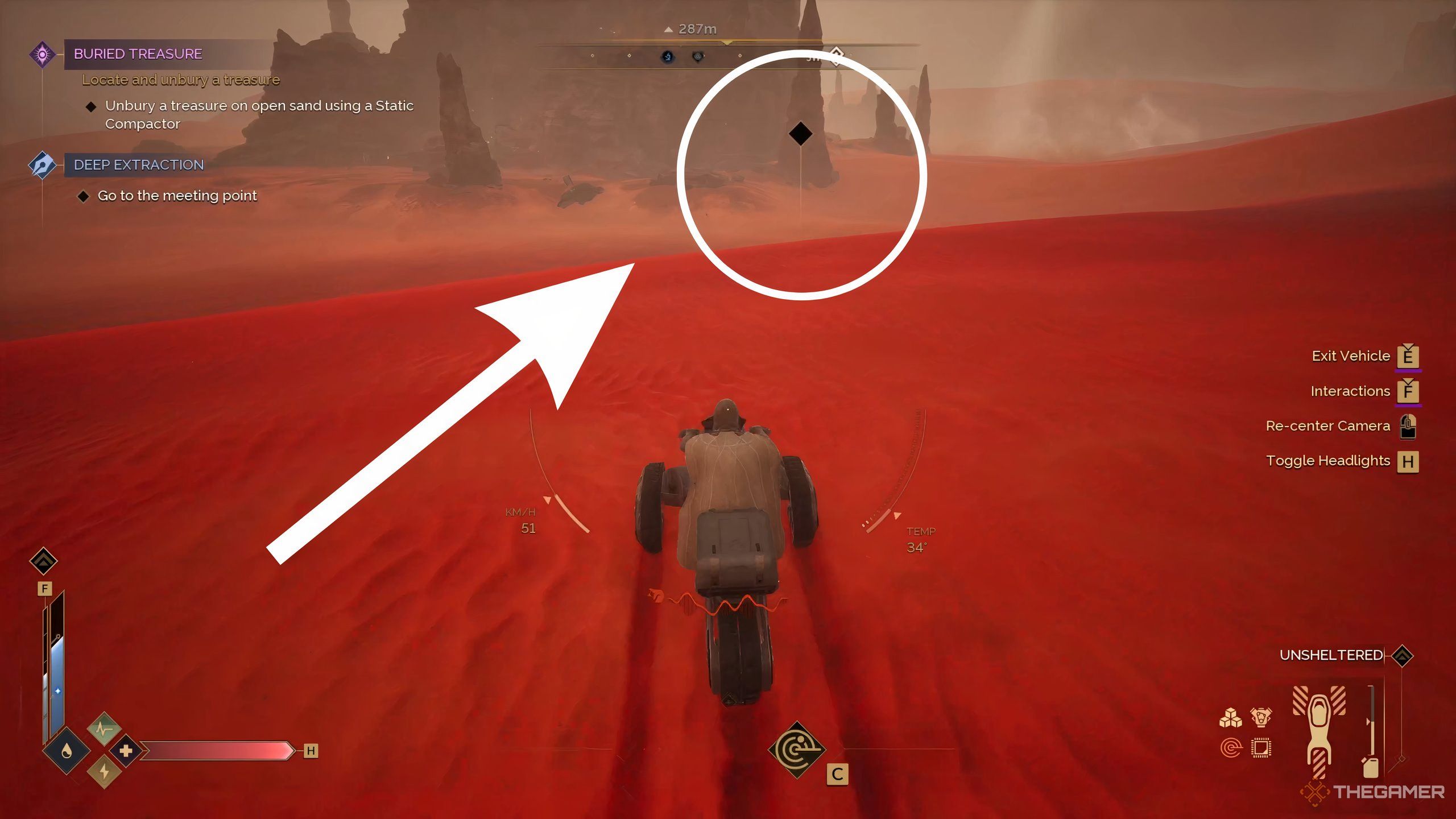 A white arrow and white circle indicates a buried treasure icon in Dune: Awakening.