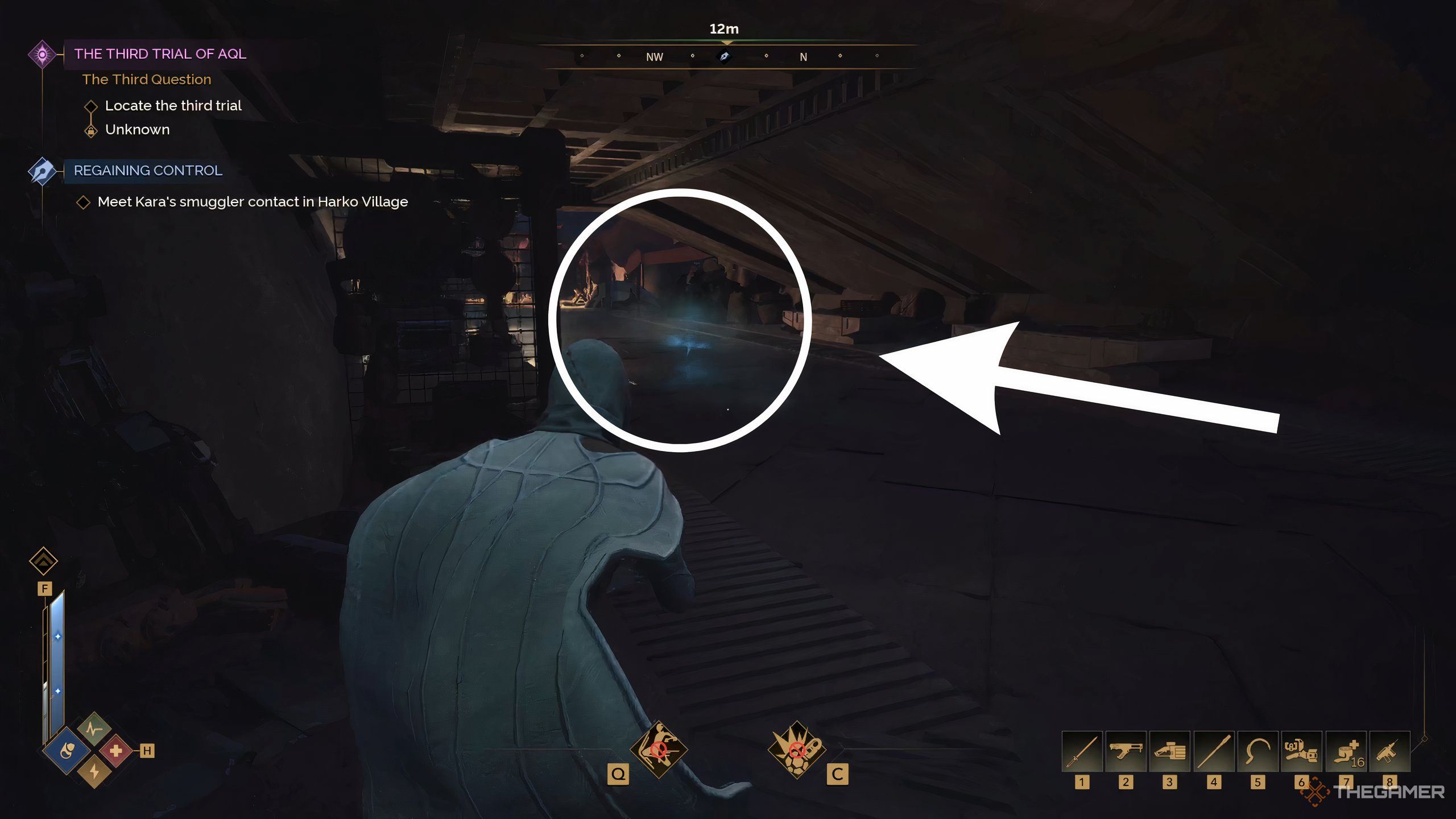A meeting spot in Harko Village in Dune: Awakening with a glowing blue marker.