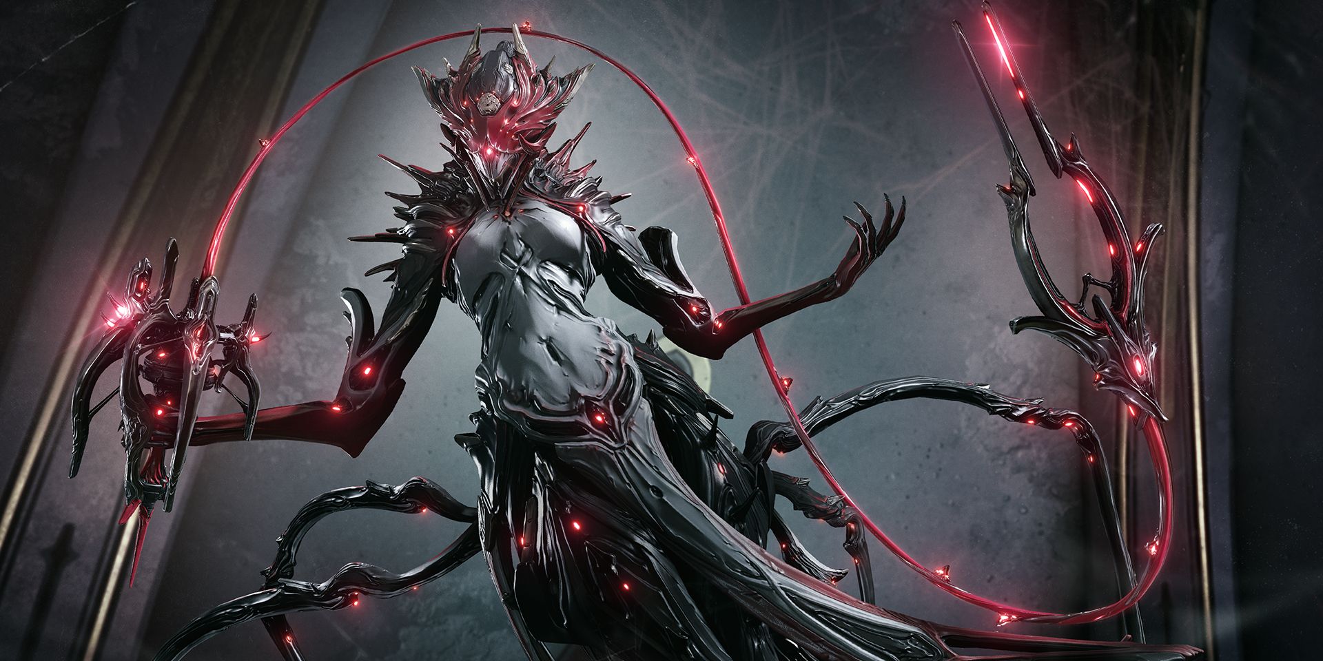 Splash Art of Oraxia posing with her alternate helmet in Warframe.