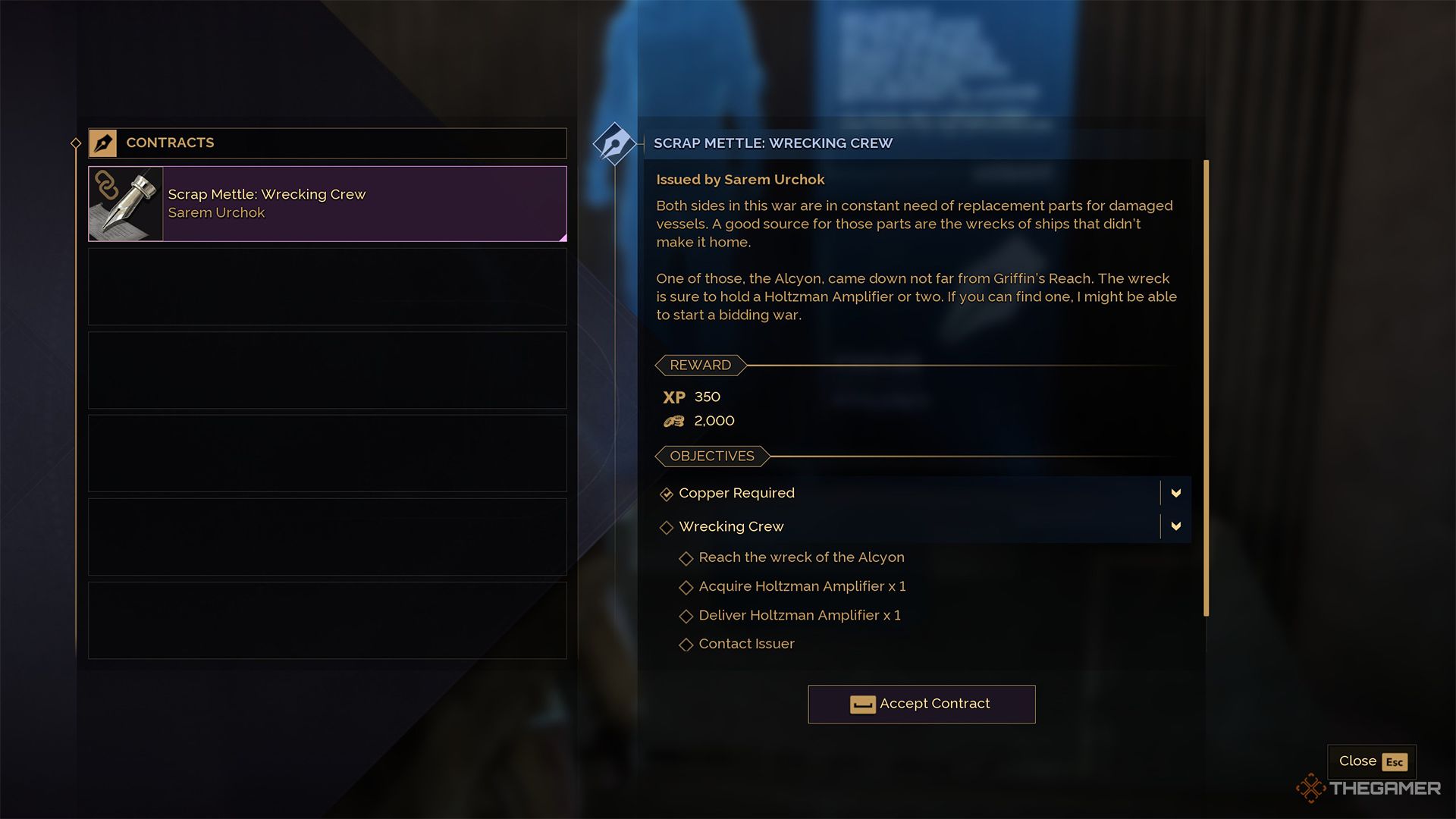 The contract board with the quest for Scrap Mettle: Wrecking Crew ready to be accepted in Dune: Awakening.