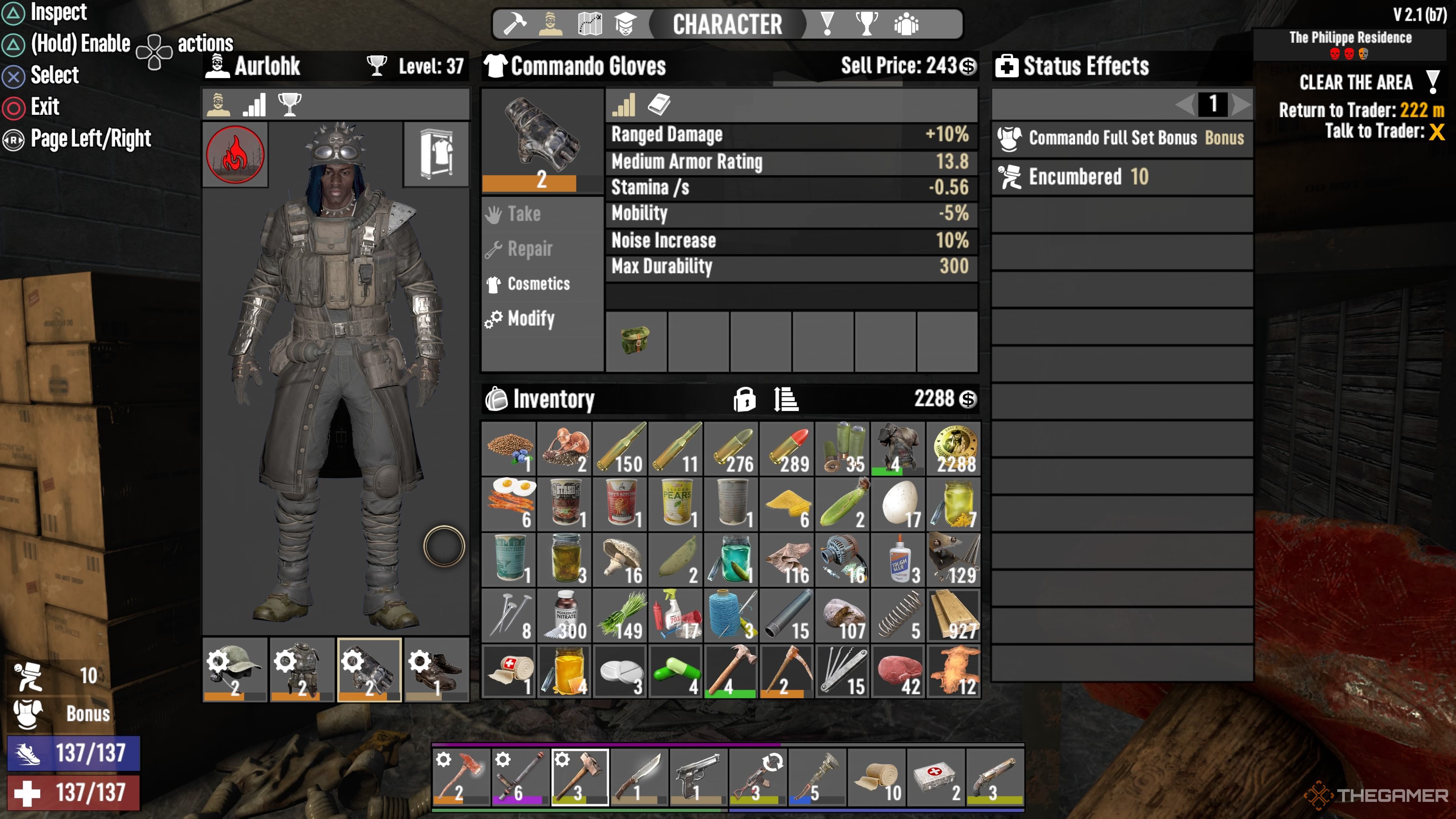 Player character looking at the stats of a pair of Commando Gloves equipped on them in 7 Days To Die.