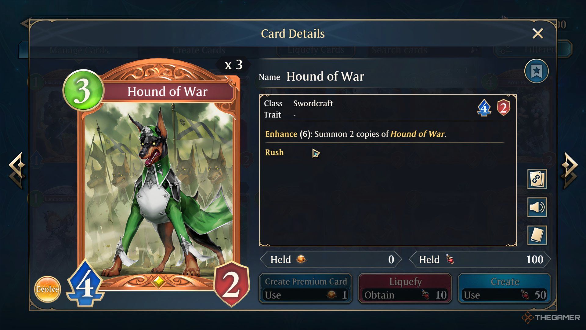 The Hound Of War Card Details Showing The Enhance Conditions In Shadowverse Worlds Beyond.