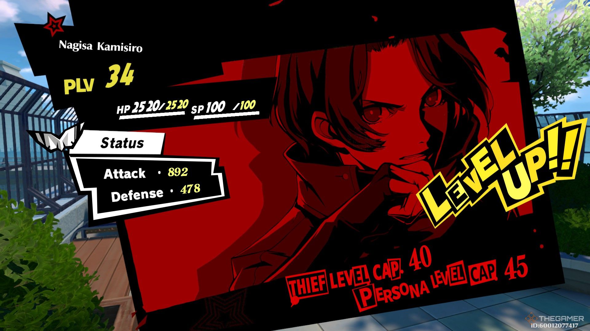 Main character Wonder leveling up which shows his stats increasing and the current level caps of the Personas and Thieves in Persona 5: The Phantom X.