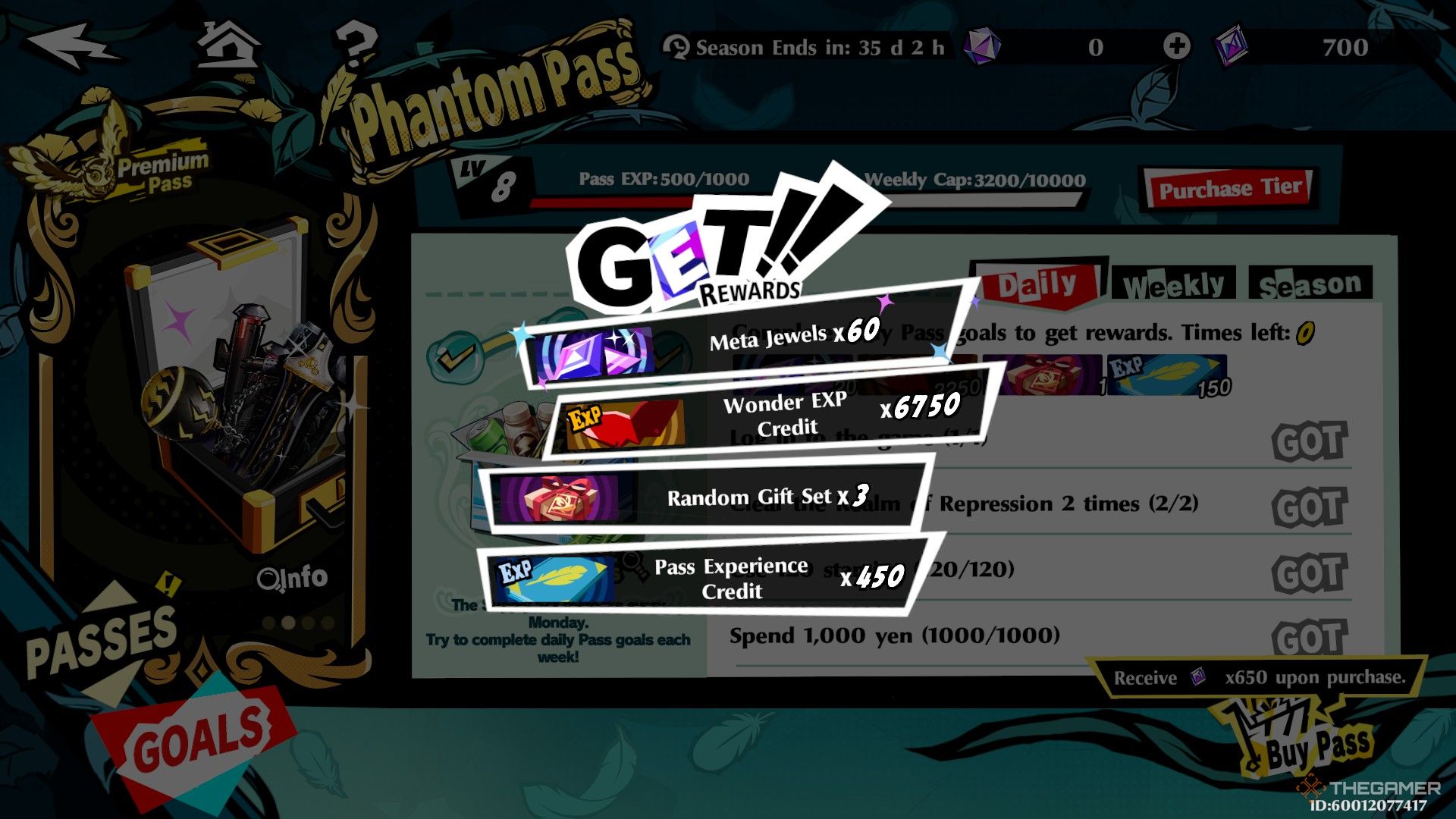 Menu popping up over the Phantom Pass showing several rewards obtained for completing a quest including EXP in Persona 5: The Phantom X.