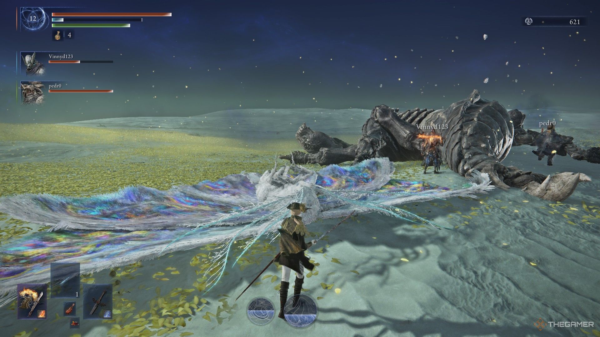Player watches Wylder and Raider stand over the bodies of the Everdark Sentient Pest in Elden Ring Nightreign.