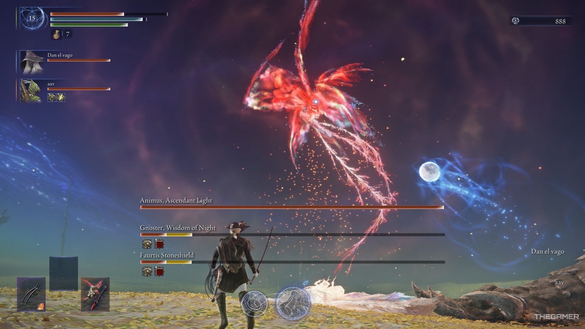 Duchess watches a Relanna's Moon fire from nearby Recluse at Animus during the Everdark Sentient Pest in Elden Ring Nightreign.
