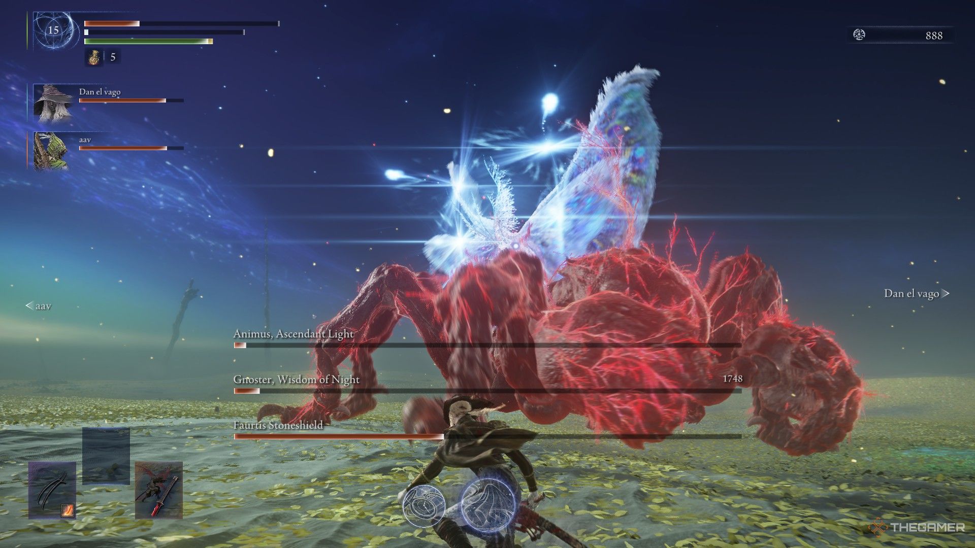 Gnoster fires projectiles as Duchess dodges an attack from Possessed Faurtis during the Sentient Pest Everdark fight in Elden Ring Nightreign.