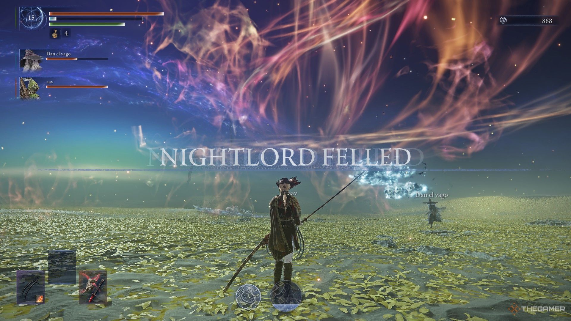Duchess stands with victorious Recluse and Ironeye after defeating Everdark Sovereign, Sentient Pest in Elden Ring Nightreign.