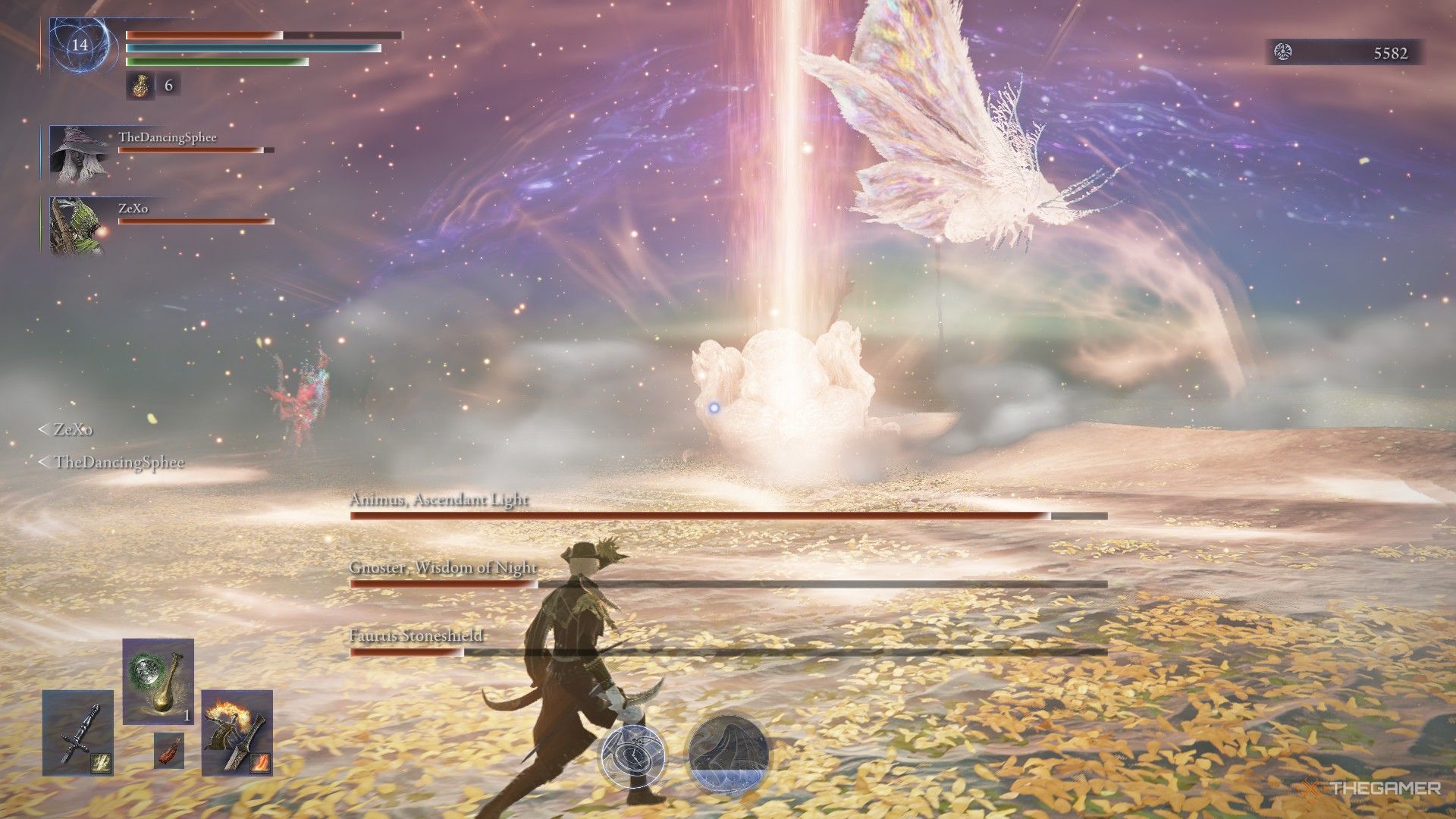 Duchess watches as a giant beam of light descends on hardened Sentient Pest Faurtis during their Everdark fight in Elden Ring Nightreign.