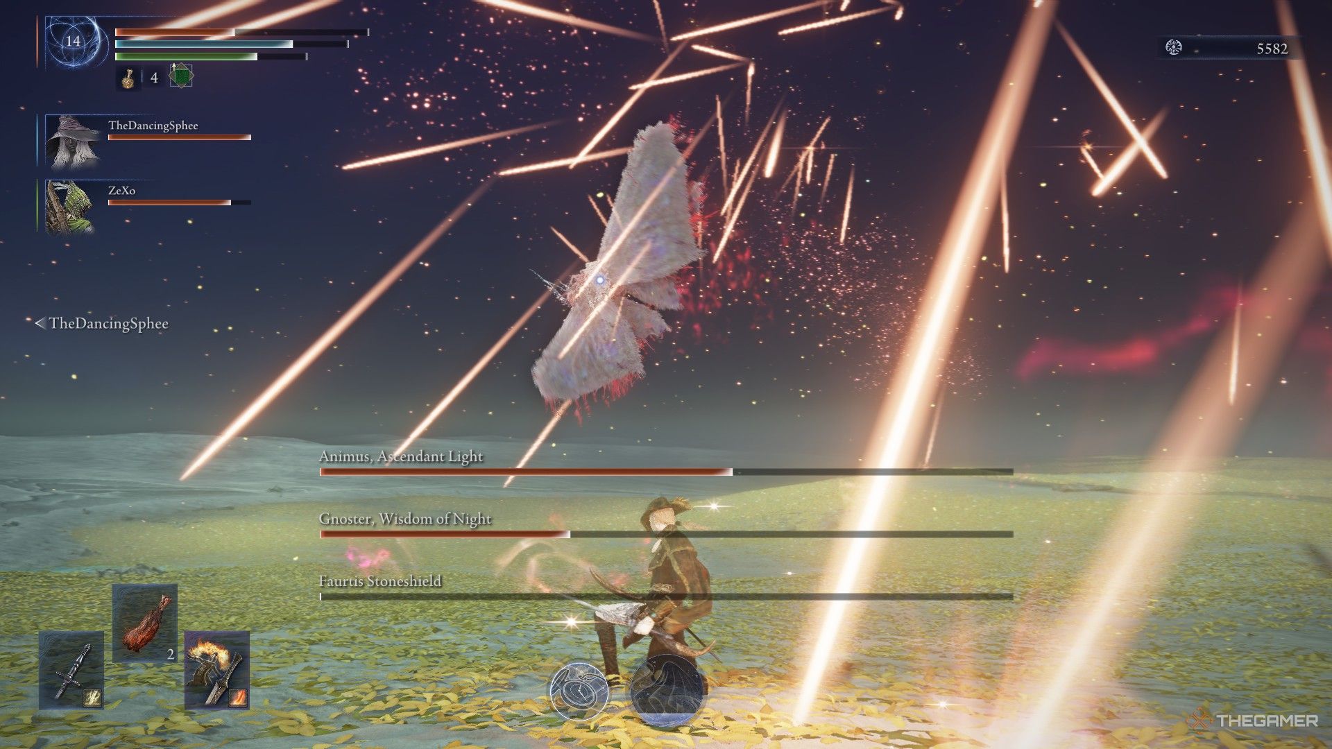 Duchess dodges the Rain of Stars from Possessed Gnoster during the Everdark fight in Elden Ring Nightreign.