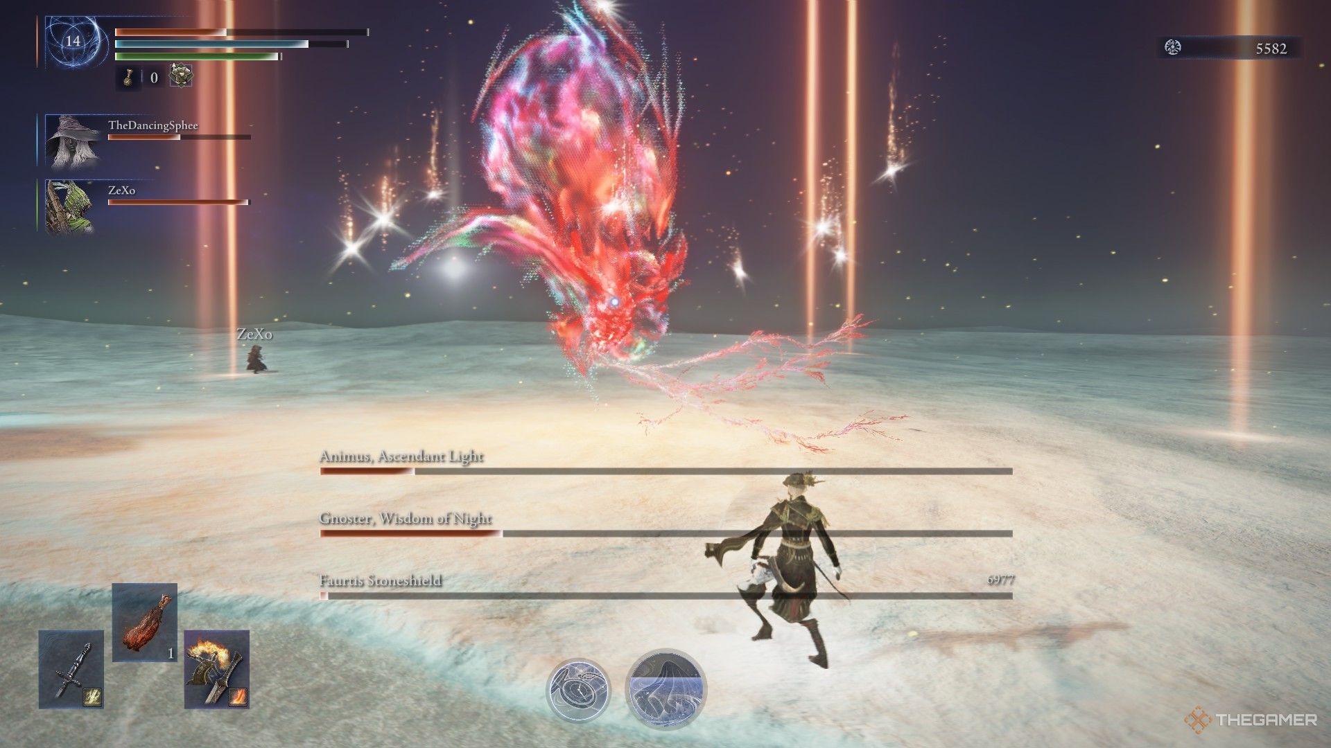 Animus uses Red Pillars of Light to descend attacks on players during the Sentient Pest Everdark fight in Elden Ring Nightreign.
