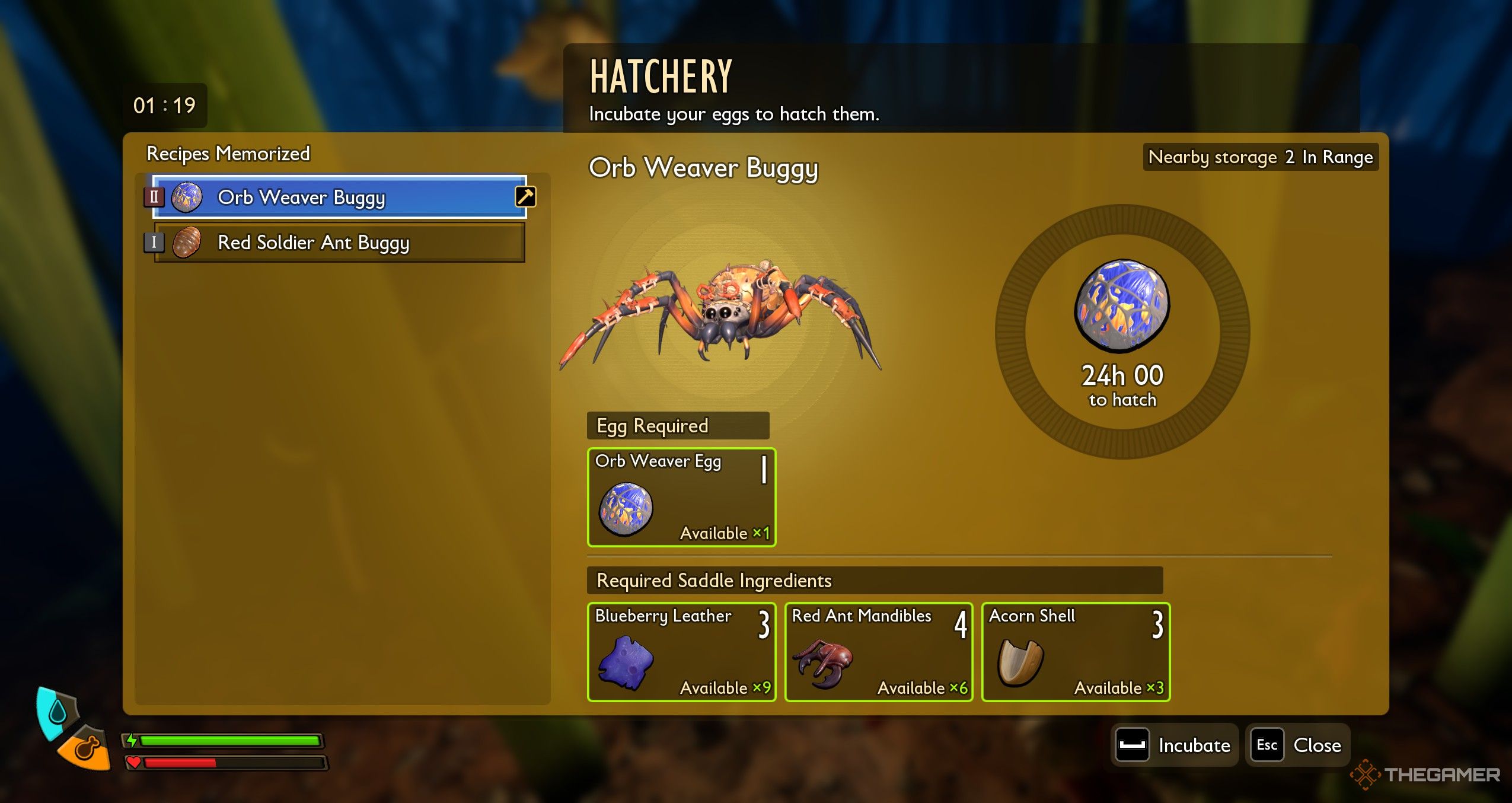 The Hatchery menu in Grounded 2, showing an Orb Weaver.