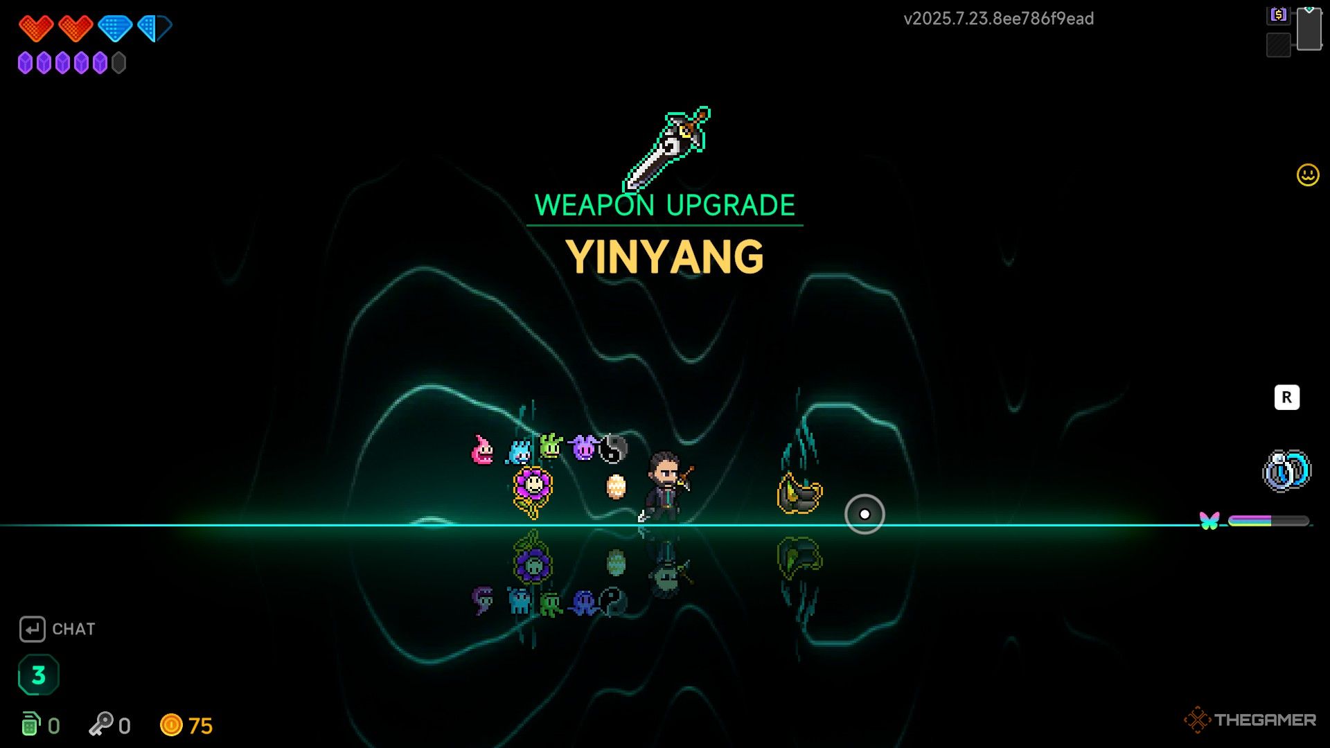 James upgrading his weapon, Yinyang, against a black and green background, in Neon Abyss 2.