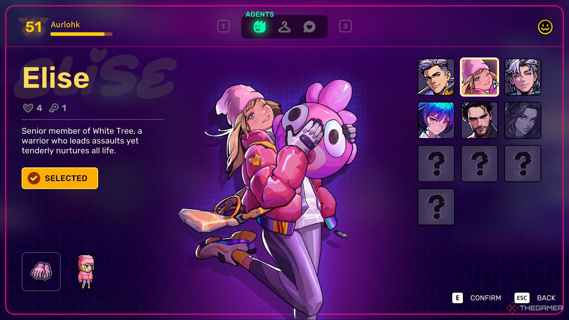 Elise, a young girl with blond hair, holding a hatchmon plush against a purple background with text describing her on the left in Neon Abyss 2.