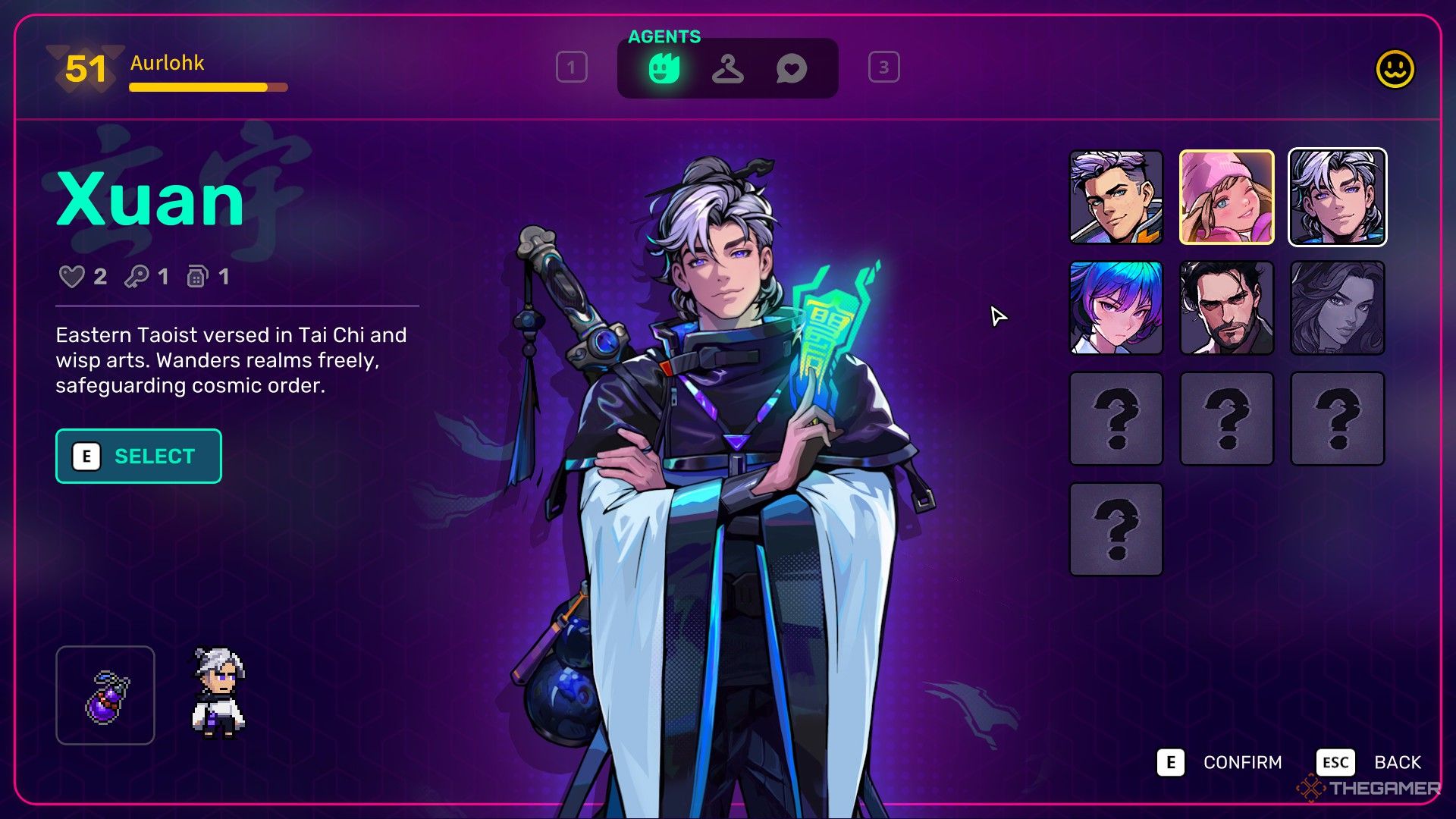 Xuan, a young man with black and white hair, holding an ofuda against a purple background with text describing him on the left in Neon Abyss 2.