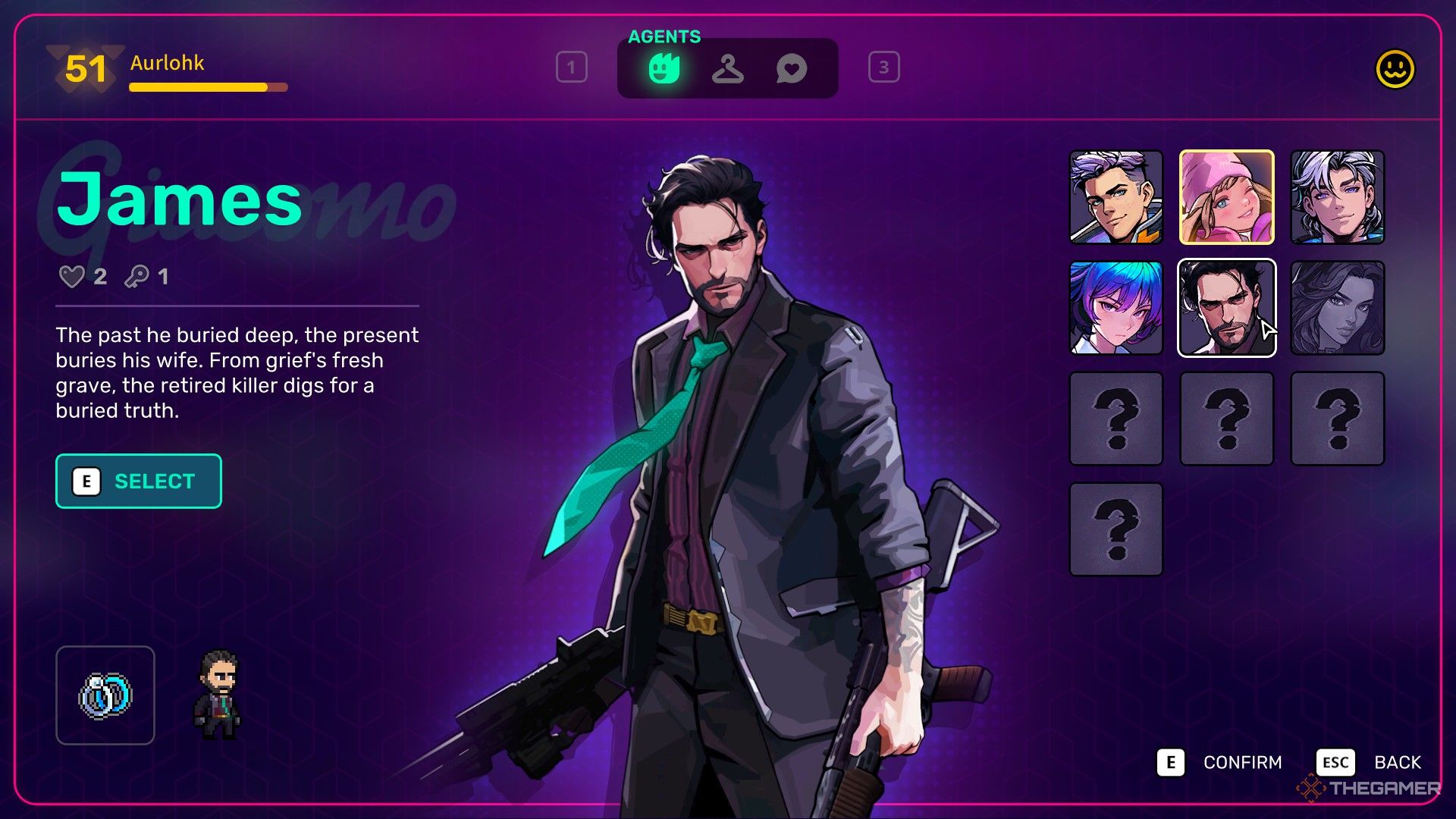 James, a middle aged man in a suit, with text to his left describing him against a purple background in Neon Abyss 2.