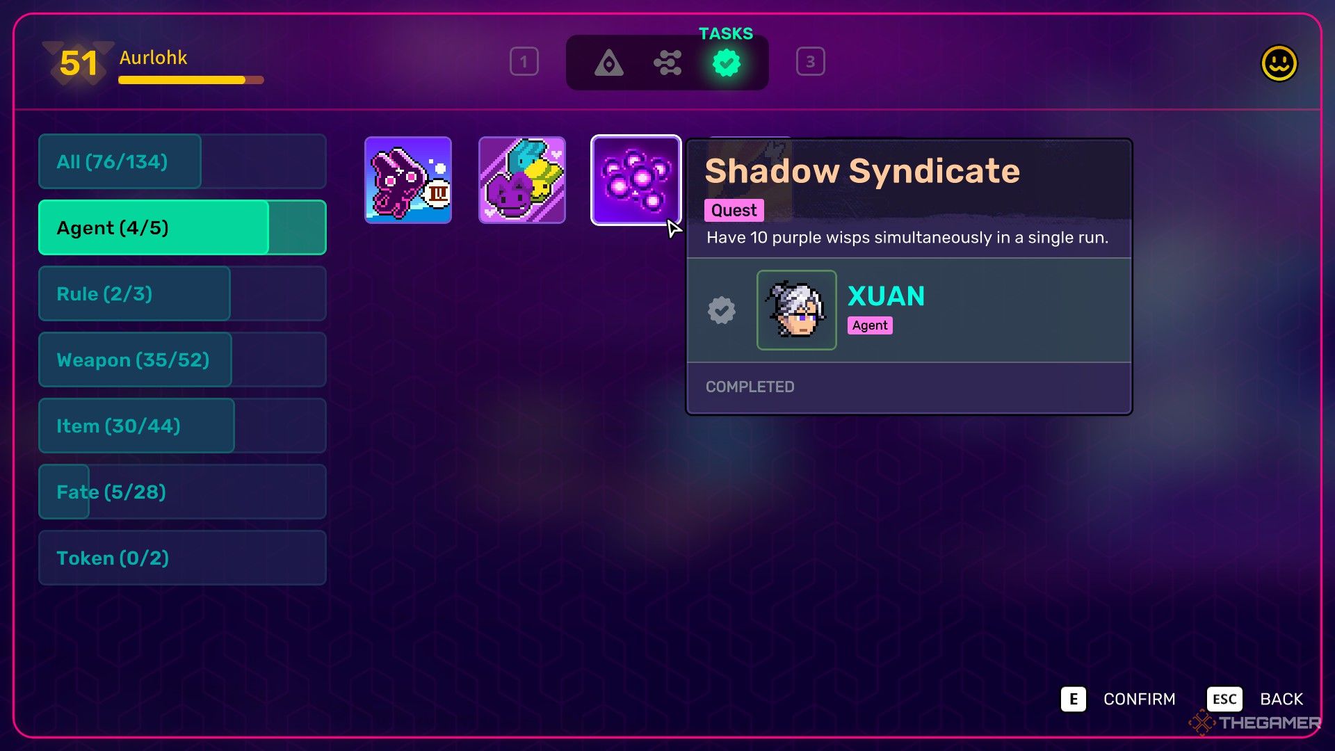 Task menu focusing on the Agent tab and showing several completed tasks including Xuan's in Neon Abyss 2.