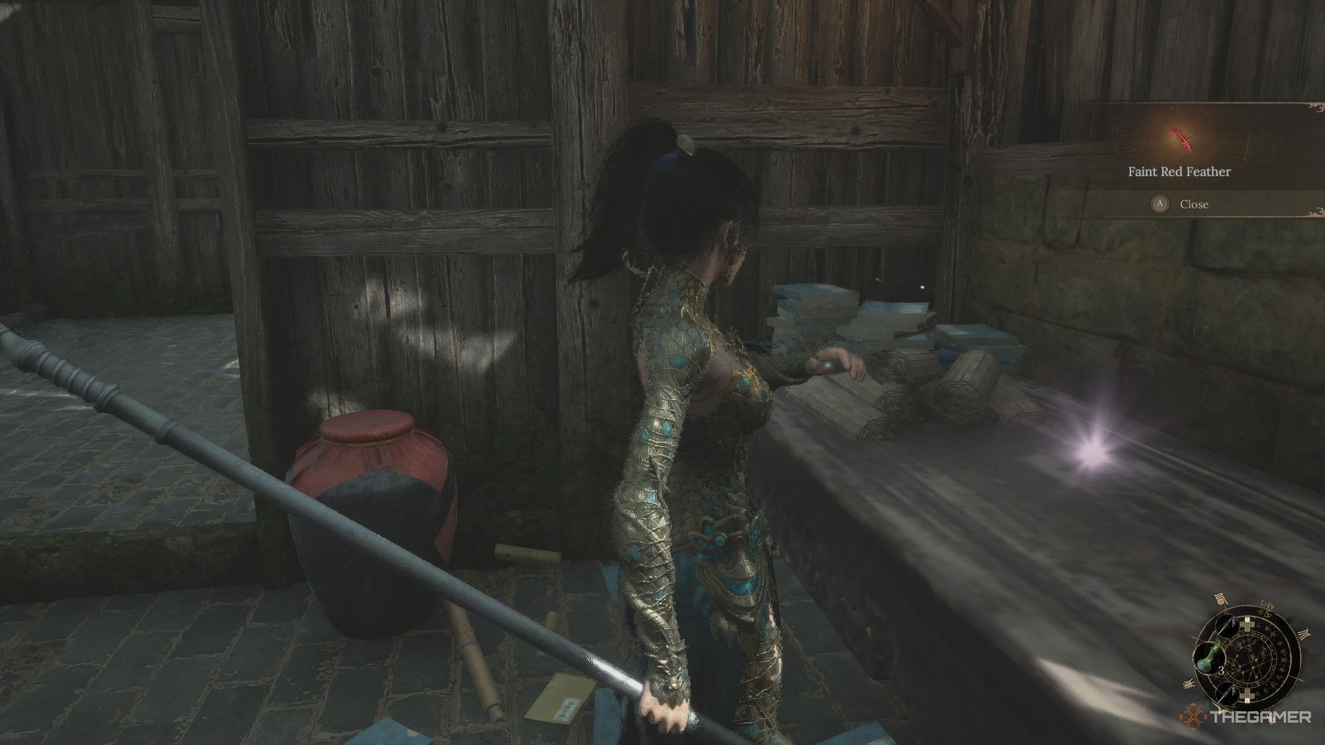 Wuchang finds a Faint Red Feather on the table in Lightzen Temple in Wuchang: Fallen Feathers.