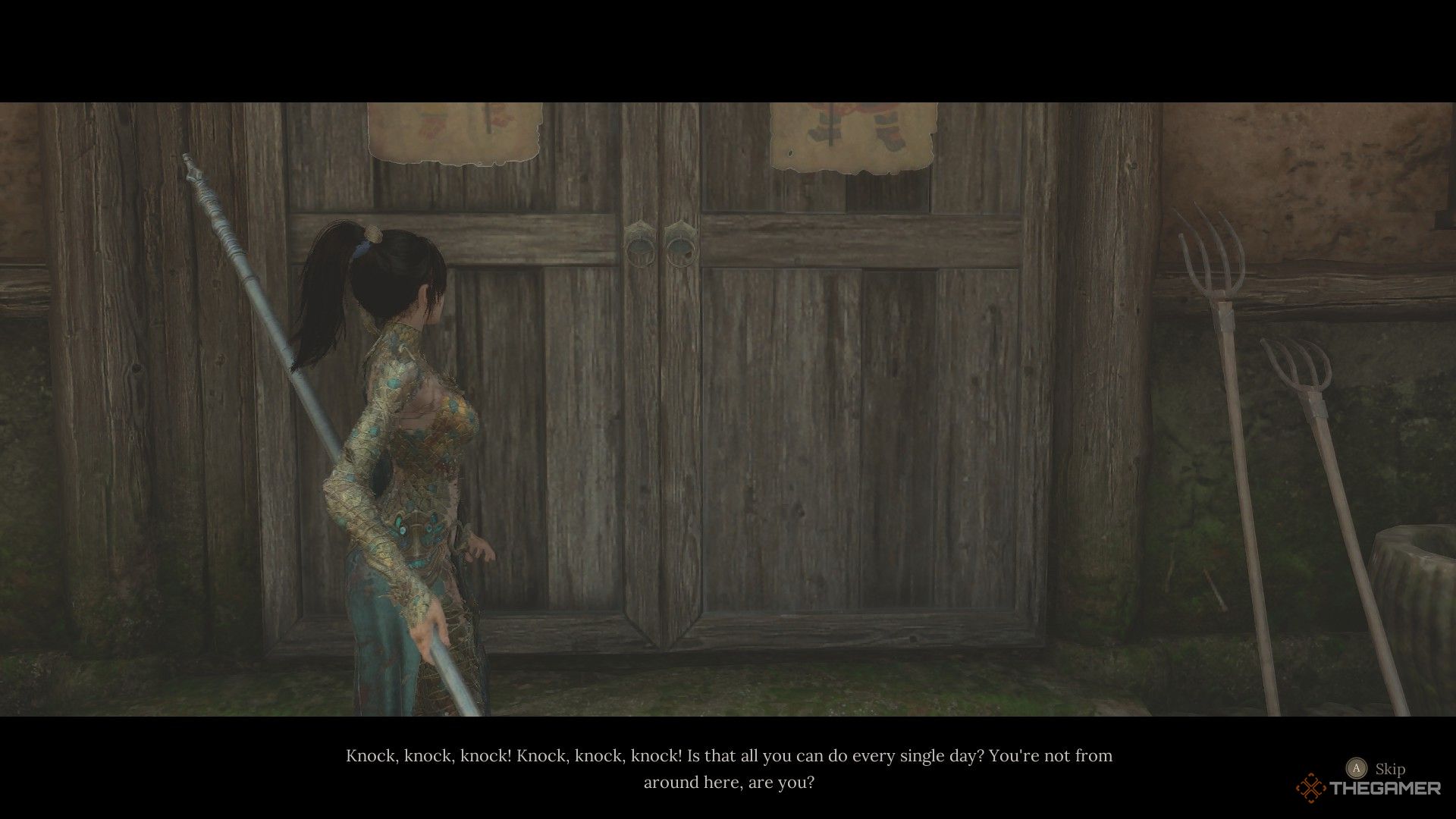 Woman on the other side of a door asks Wuchang for help in Wuchang: Fallen Feathers.