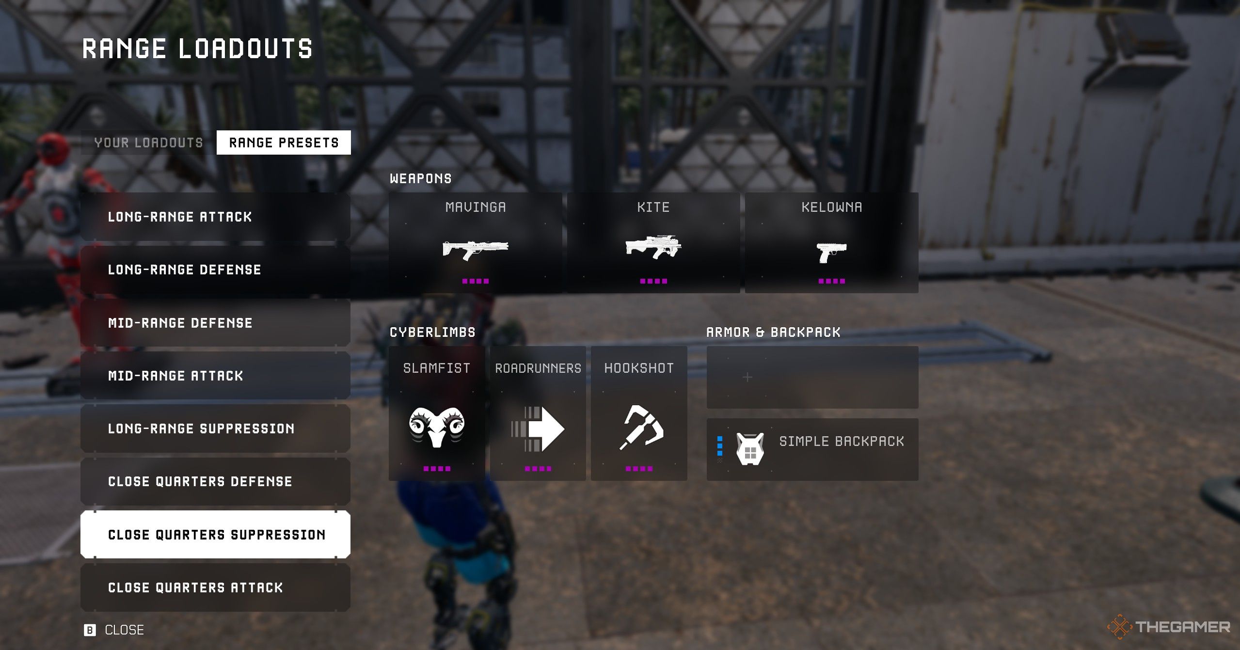Player in a menu in Off the Grid, showing different loadouts, including Cyberlimbs.