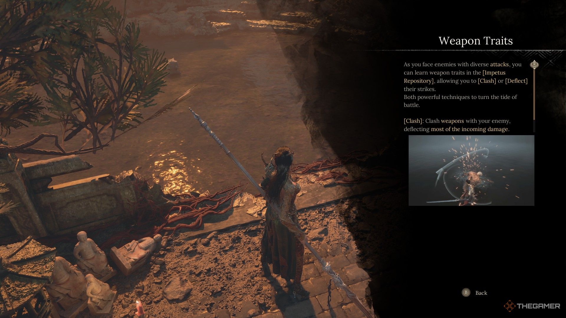 A pop-up tutorial next to Commander Honglan's boss arena shows the Clashing skill in Wuchang: Fallen Feathers.