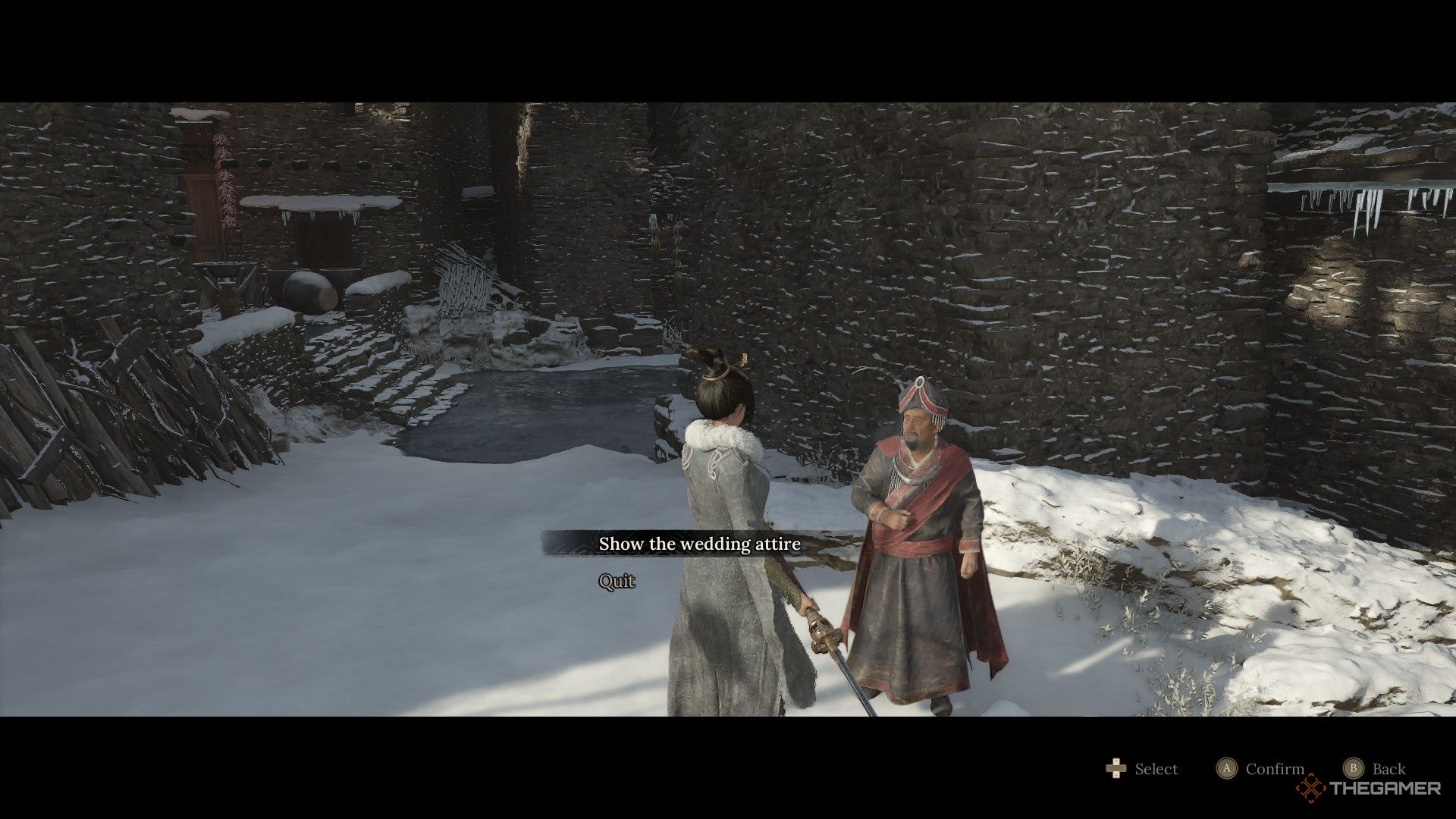 Wuchang shows the wedding attire to the butler in Wuchang: Fallen Feathers.