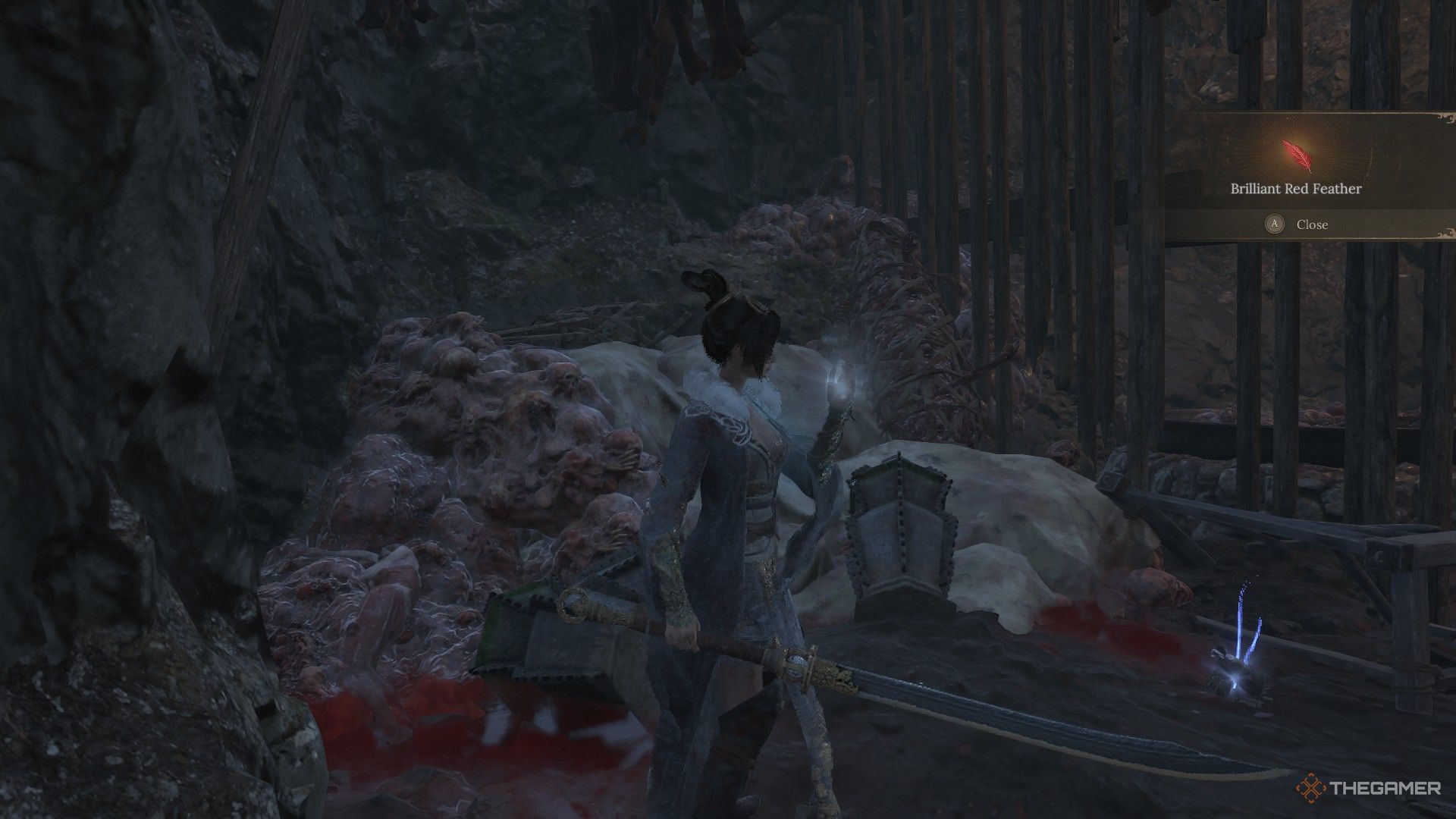 Wuchang picks up a Brilliant Red Feather inside the Shaft in Wuchang: Fallen Feathers.