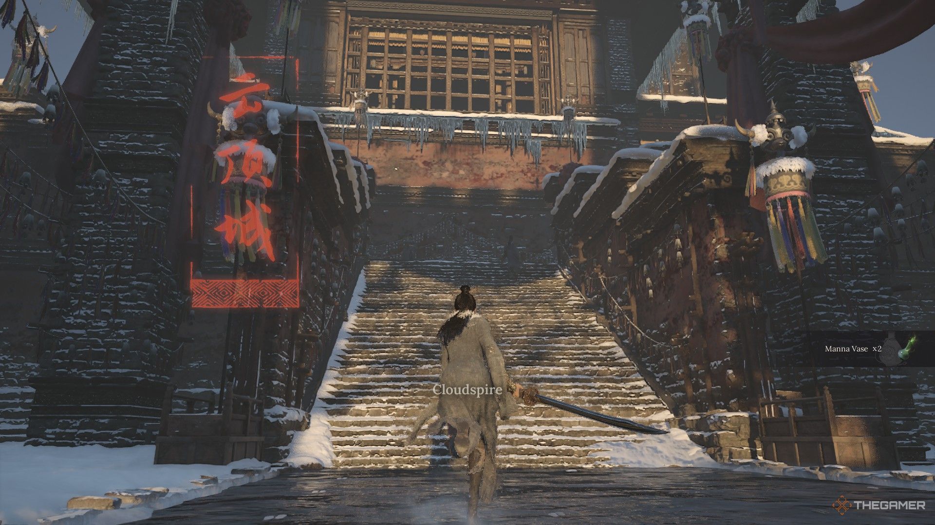 Wuchang races up the stairs of the Snowfall Palace in Wuchang: Fallen Feathers.