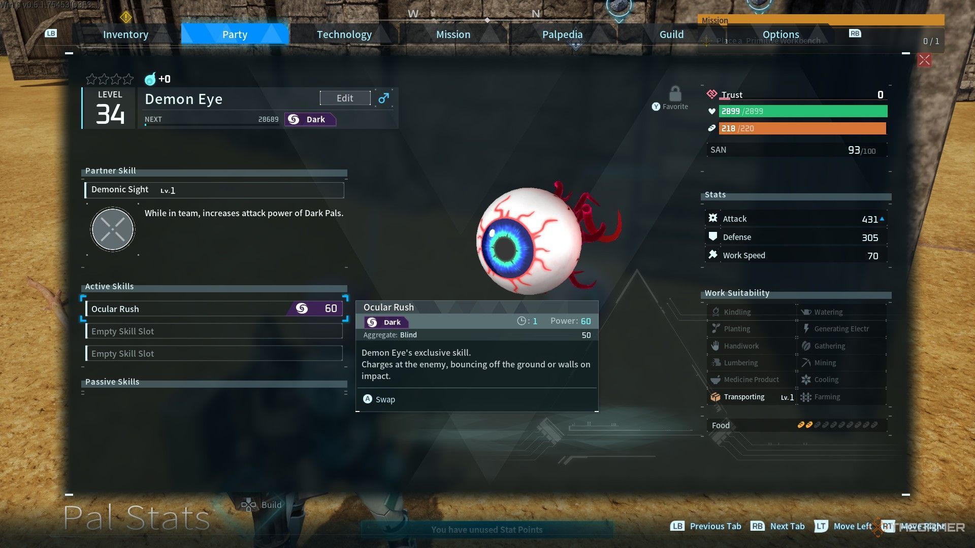Demon Eye skill details in Palworld.
